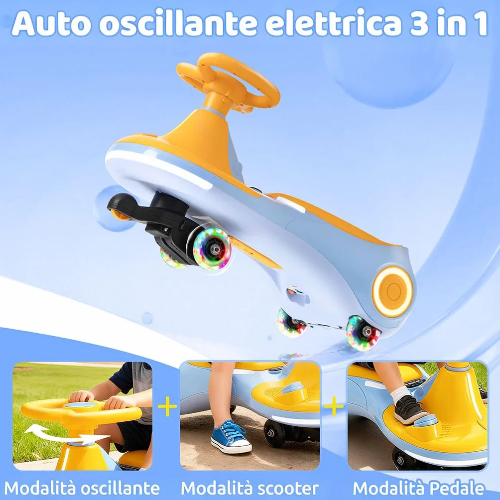 Auto a dondolo elettrica per bambini 12V 3-in-1 batteria ricaricabile anti-ribaltamento ruote luminose musica