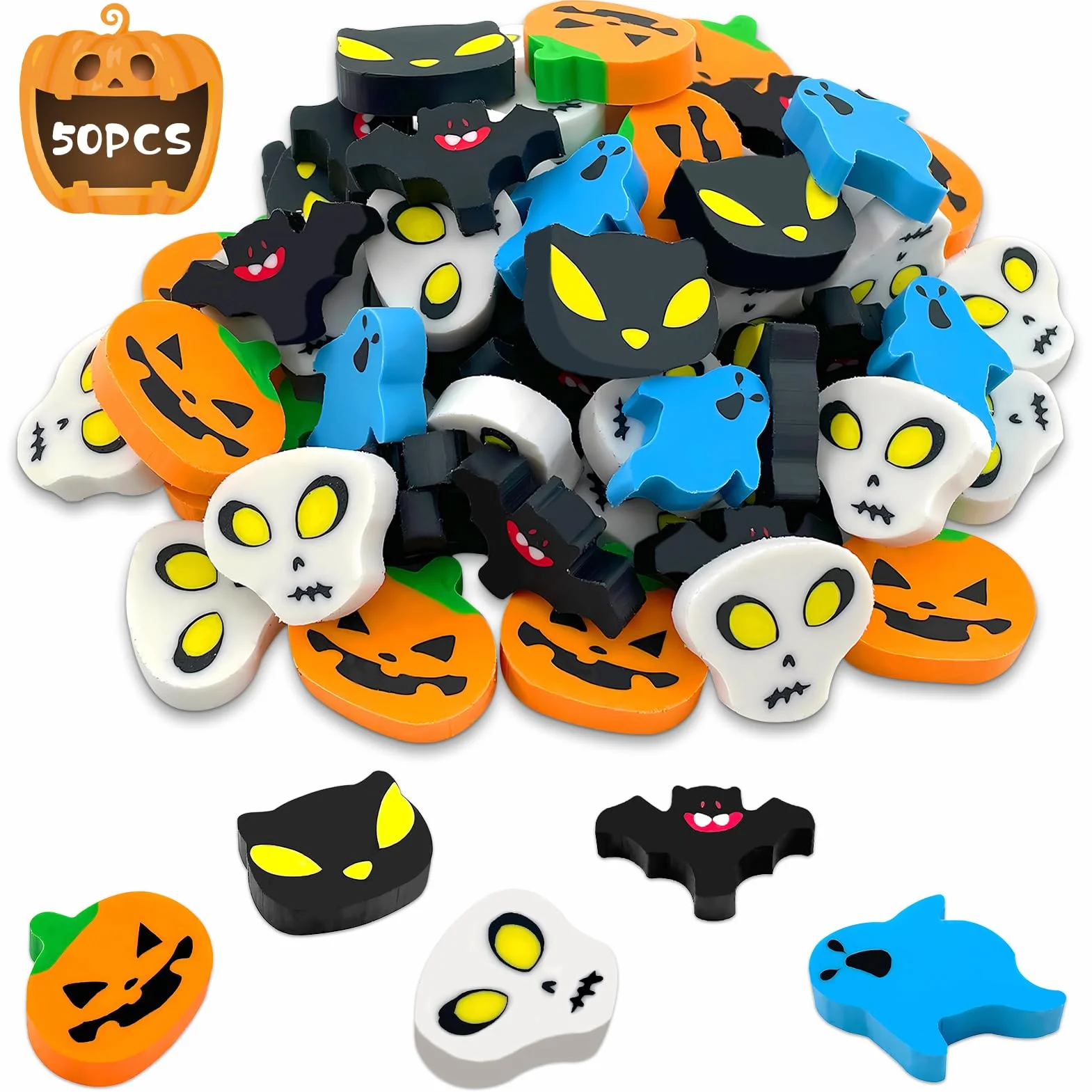 50 Mini Gomme da Cancellare per Halloween - Forma Zucca e Teschio per Bambini - Regalino Ufficio e Cancelleria