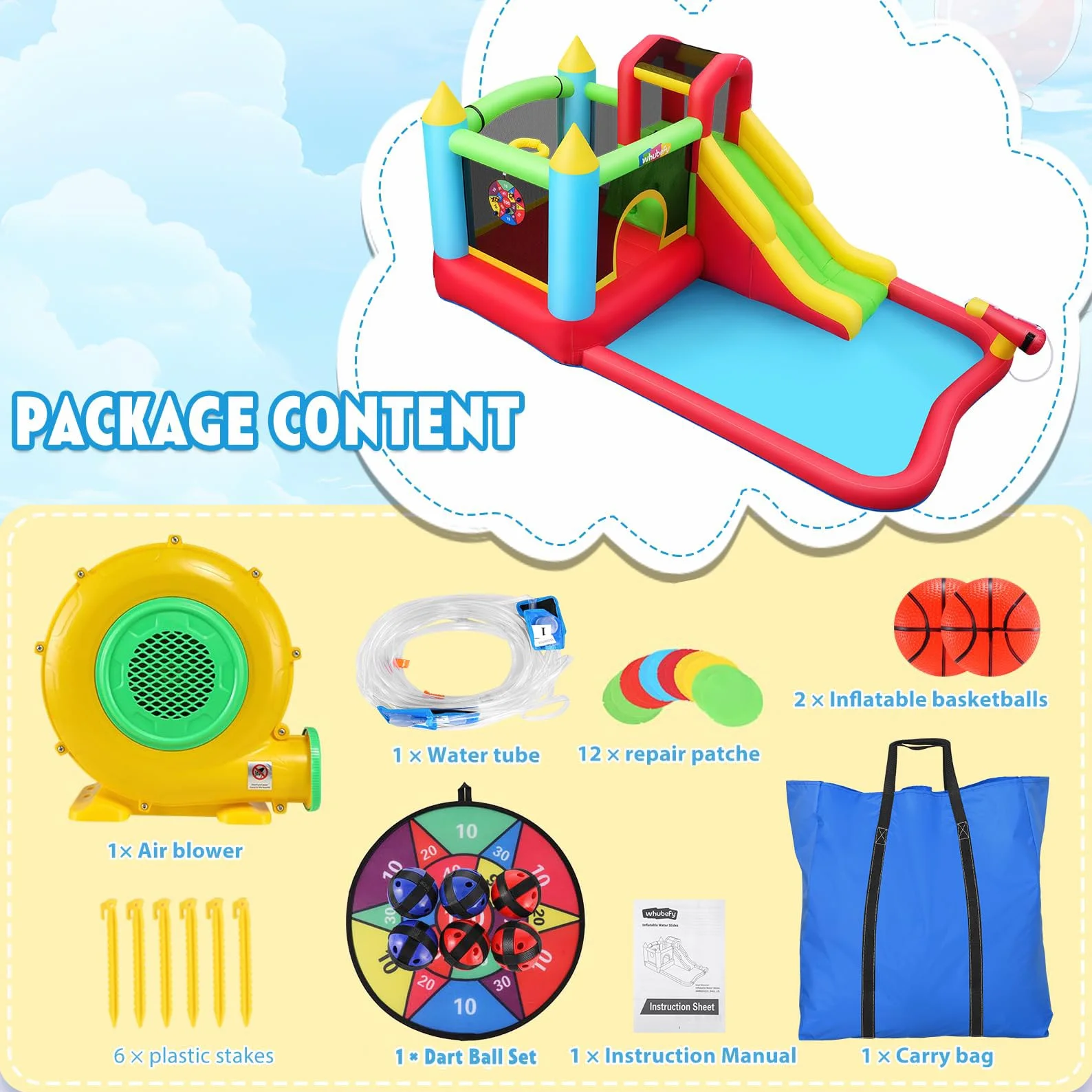 Castello gonfiabile per bambini,Con Scivolo,Castello d’Acqua Set, Trampolino, Piscina e Canestro da Basket, ottimo regalo per la festa in giardino nel parco acquatico, con ventilatore