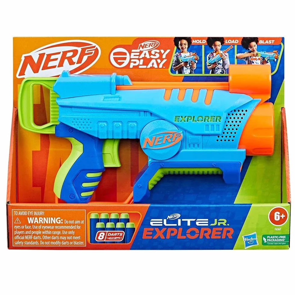 Nerf Elite Junior JR - Explorer, blaster facile da usare, impugnatura, caricamento e lancio , 8 dardi, per bambini di 6 anni