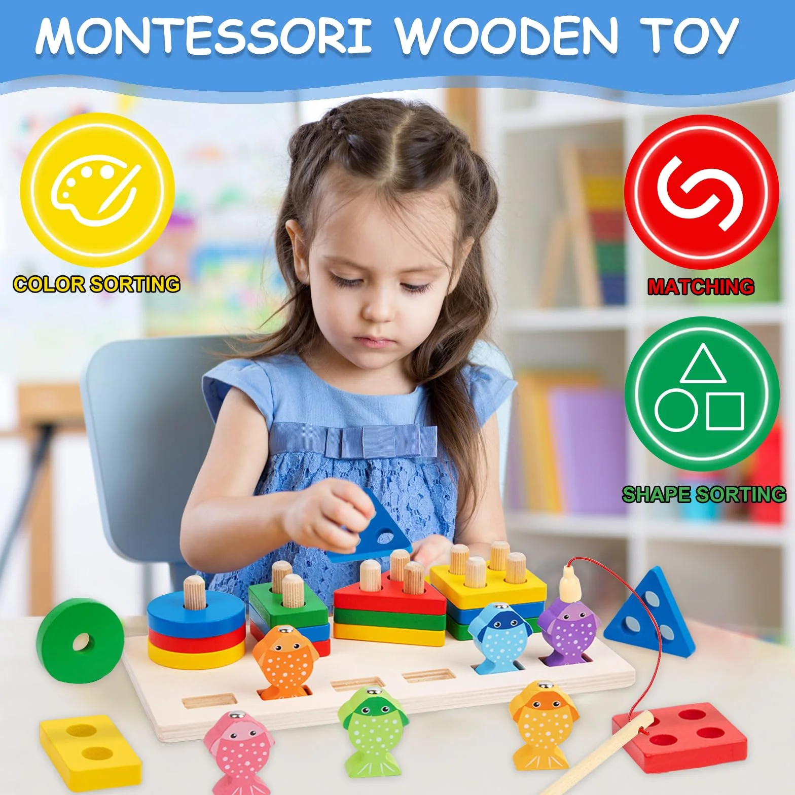 Giocattoli per Bambini Montessori,Giocattoli di Ordinamento e Impilamento in Legno,Forme Geometriche Ordinamento e Impilamento Block Board,Sensoriale Giocattoli,per Bambine e Bambini