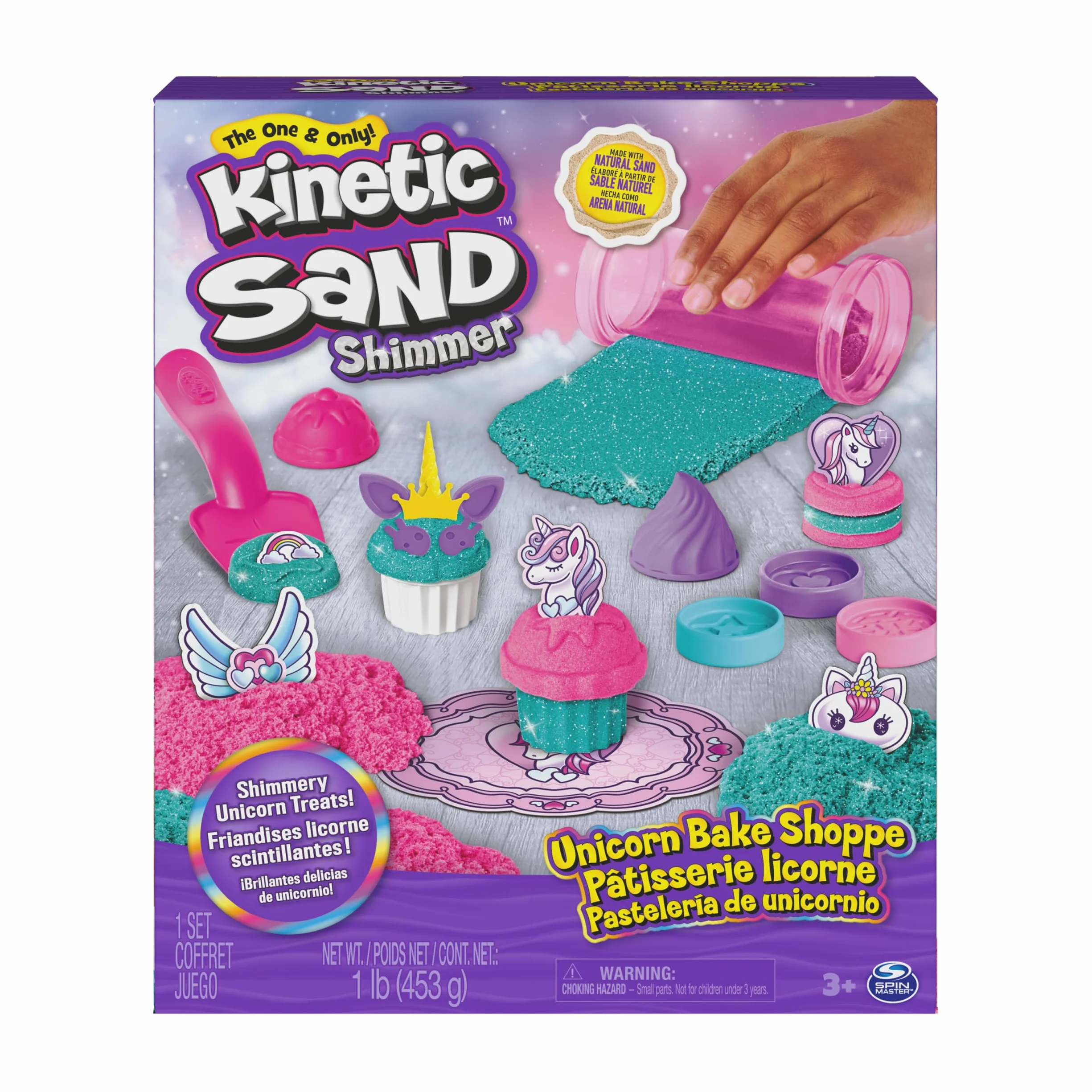Kinetic Sand Shimmer, Set di Gioco Laboratorio di Pasticceria Unicorni, 453 g di Sabbia Cinetica, Verde Acqua Luccicante e Rosa, 8 Attrezzi Unicorno, Giocattoli Sensoriali per Bambini, 3+ Anni