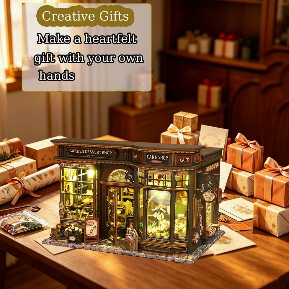 Kit puzzle 3D in legno, fai da te in miniatura casa delle bambole con luci a LED, decorazione da giardino per dessert, scaffale per libri, regalo creativo per adulti e ragazzi