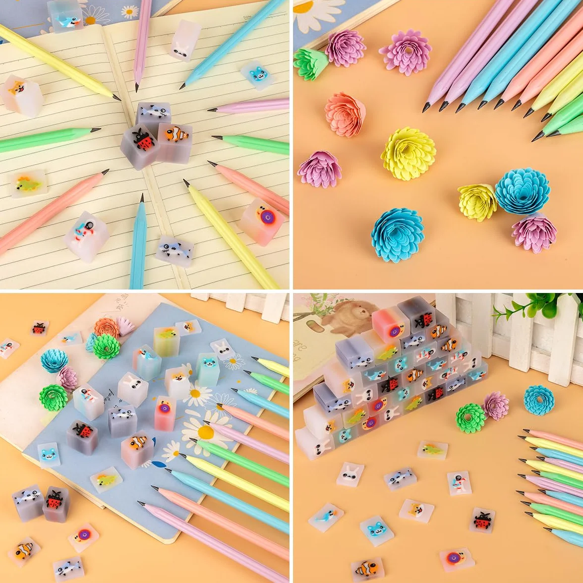 64Pcs Matite con Gomma Bambini,32 Gomme Cancellare Bambini Divertenti & 32 Petalo Matite Bambini Adatta Regalini Fine Festa Compleanno,Gadget Compleanno Bambini