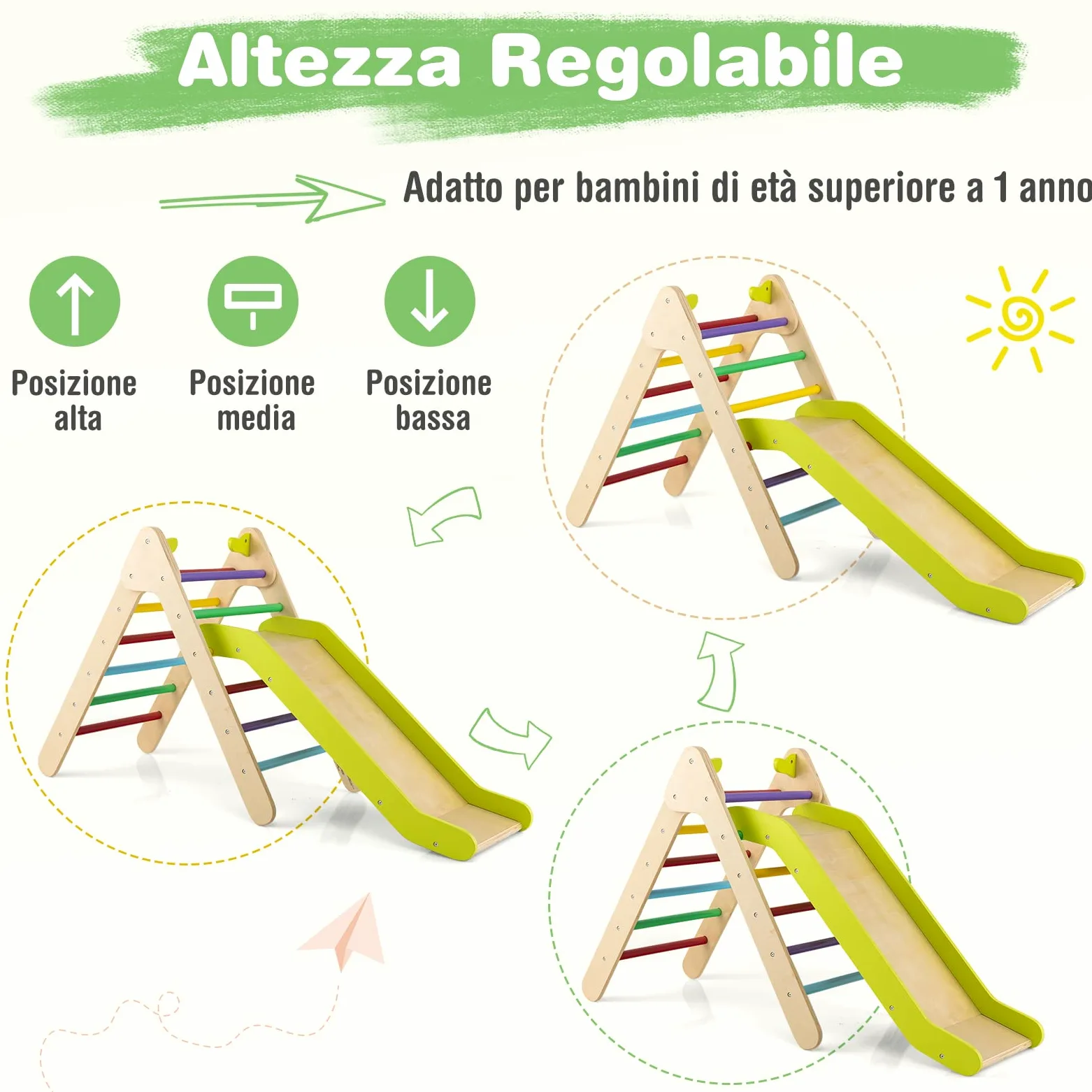 COSTWAY 2 in 1 Set da Arrampicata con Scivolo per Bambini, Triangolo di Arrampicata in Legno Regolabile a Gradi, Giocattolo per Arrampicarsi all’Interno, 1 Anno+ (Colorato)