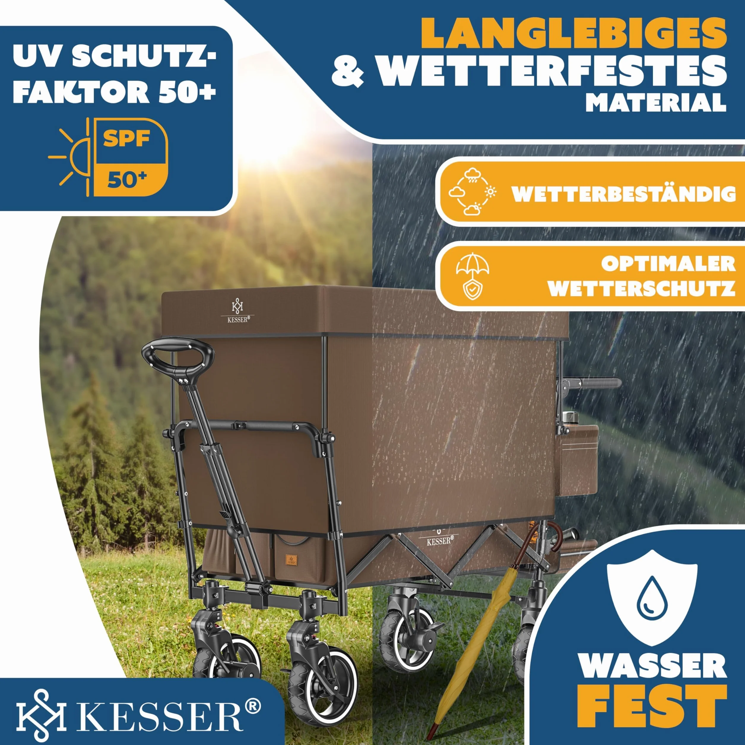 KESSER GTS-9100 - Carrello pieghevole con tetto, portata fino a 150 kg, con ruote in gomma dura e freni di stazionamento anteriore/posteriore, con serratura, copertura, intemperie e protezione da