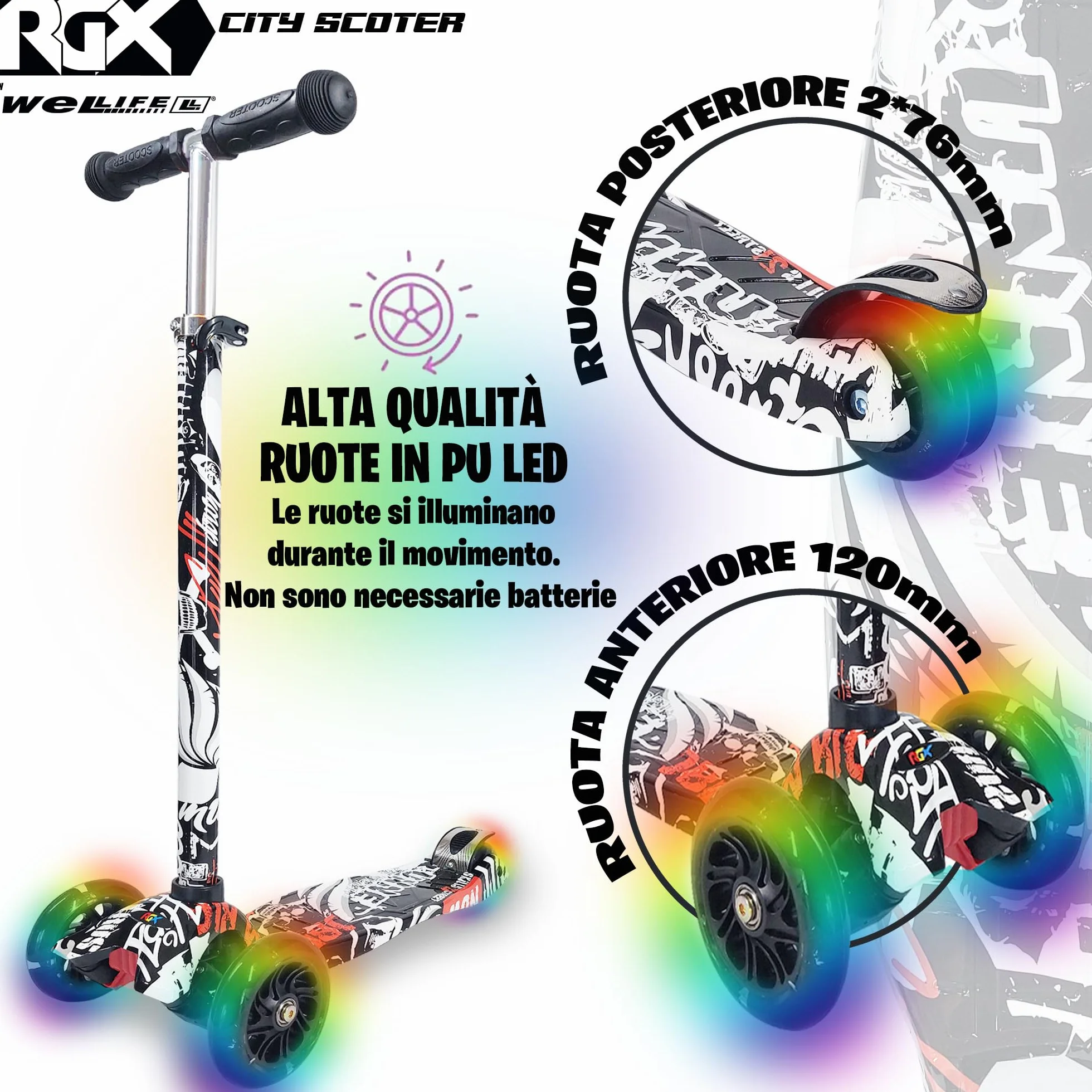WeLLIFE Monopattino per Bambini 3-12 Anni 3 Ruote Luminose LED Regolabile in Altezza