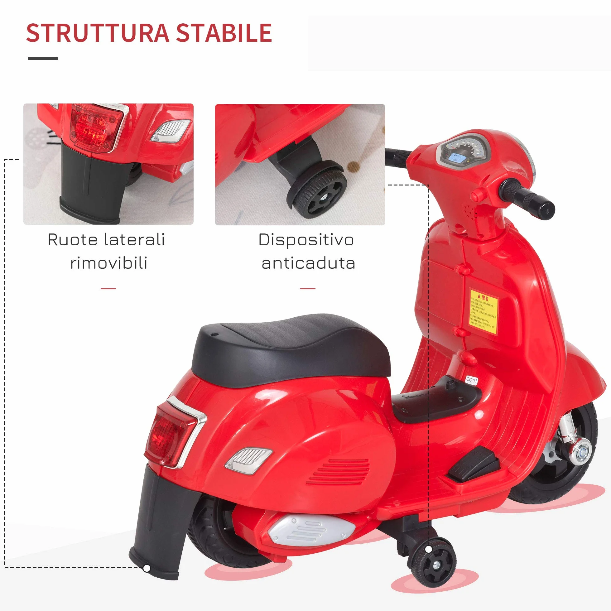 HOMCOM Moto Elettrica per Bambini 6V con Licenza Ufficiale Vespa Batteria, Motorino Elettrico per Bambini da 18-36 Mesi con Fari e Clacson, 66.5x38x52cm, Rosso