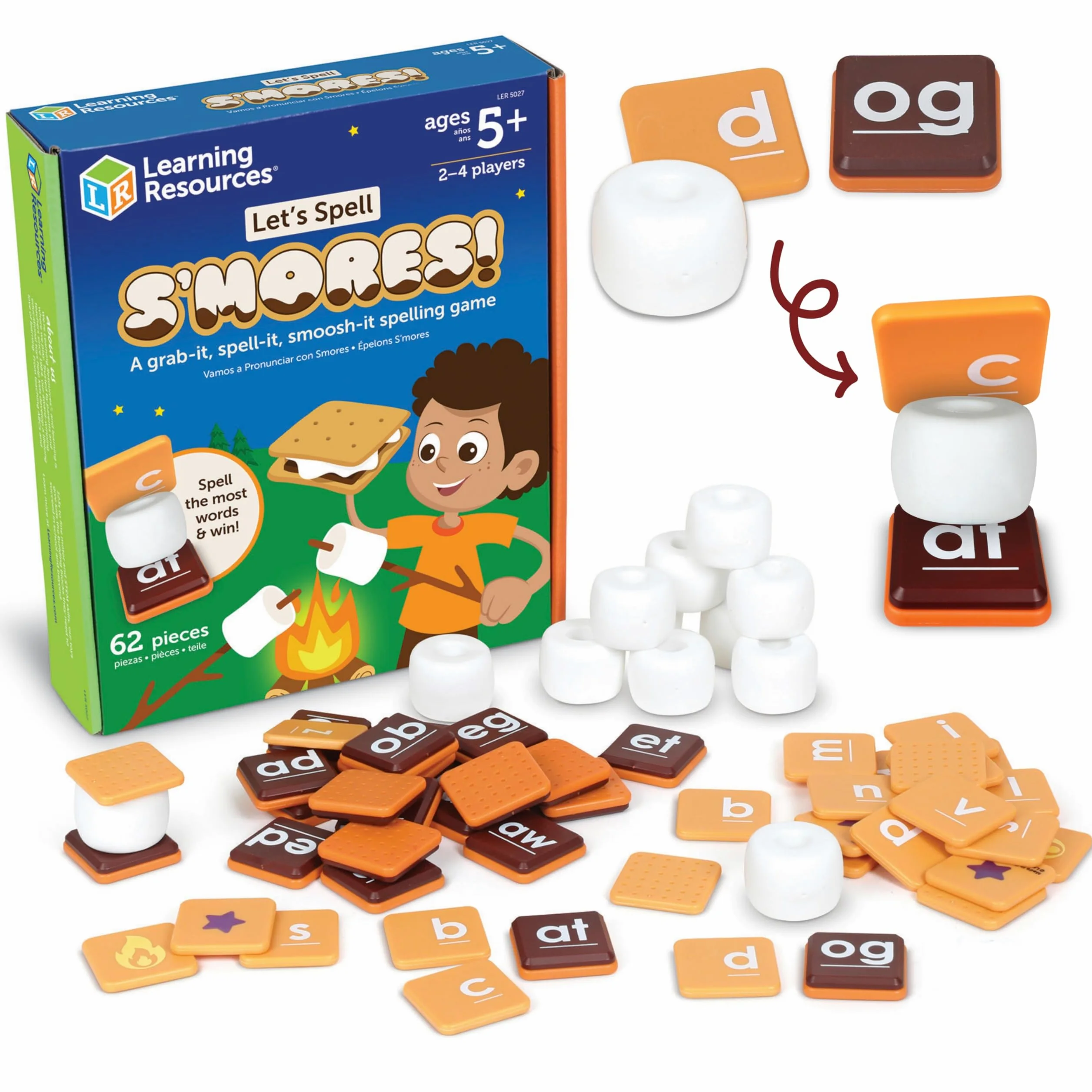 Learning Resources Let's Spell S'Mores!, Alfabeto Flash Card, giochi di parole, imparare a leggere, Strumenti per la dislessia per bambini, età 5+, 62 pezzi