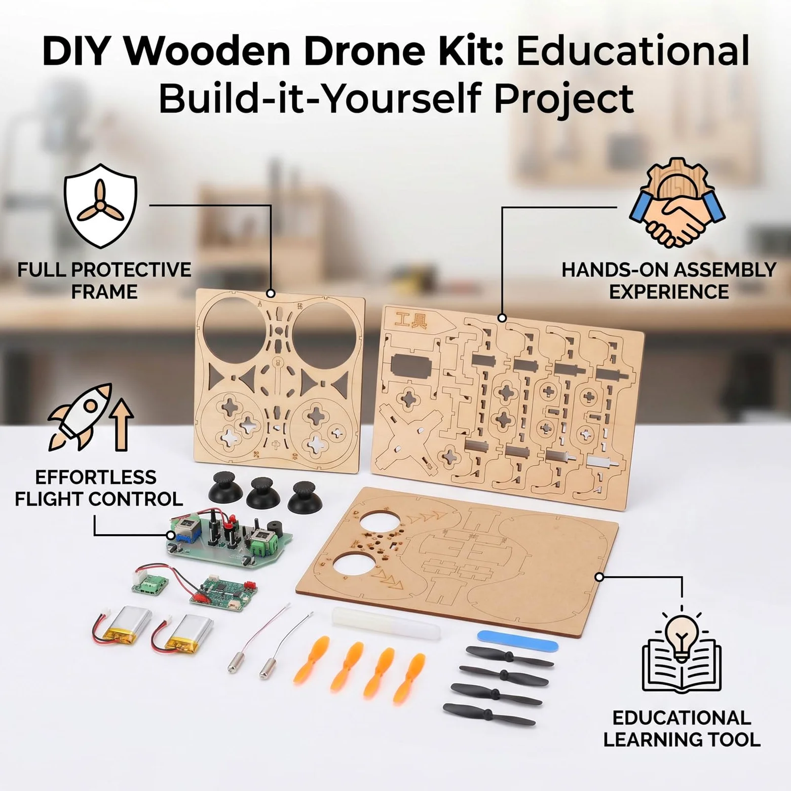 Asixxsix Kit drone in legno fai-da-te, quadricottero radiocomandato con decollo e atterraggio a un tasto e 3 livelli di velocità; come sussidio didattico per gare di aeromodellismo.
