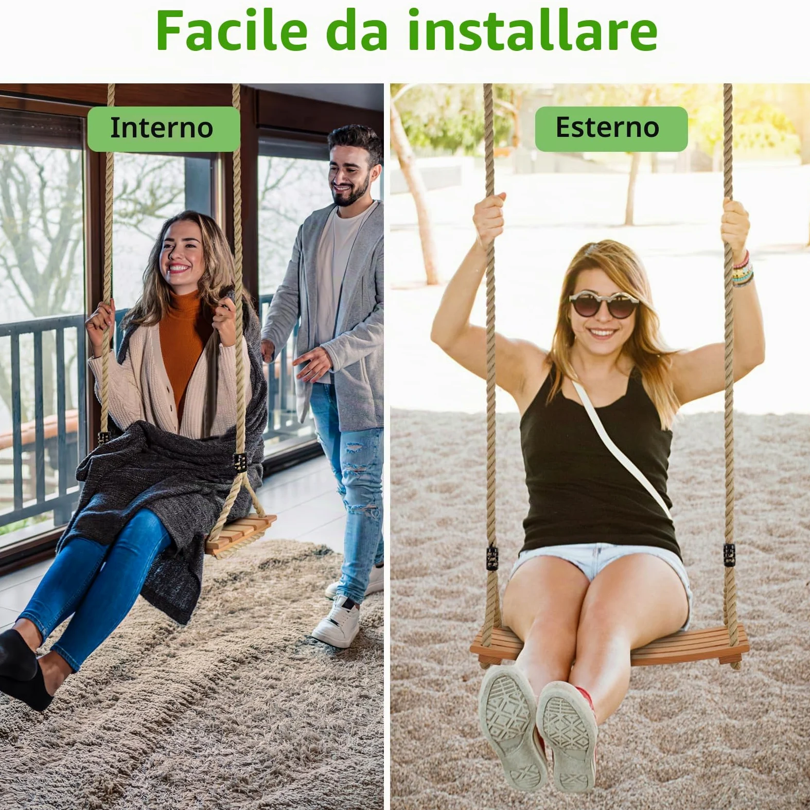 Altalena in Legno, Altalena Legno da Giardino per Ragazzo e Bimba Interno e Externo, Antiscivolo con Corda Regolabil per Adulti - Carico Massimo 200 kg