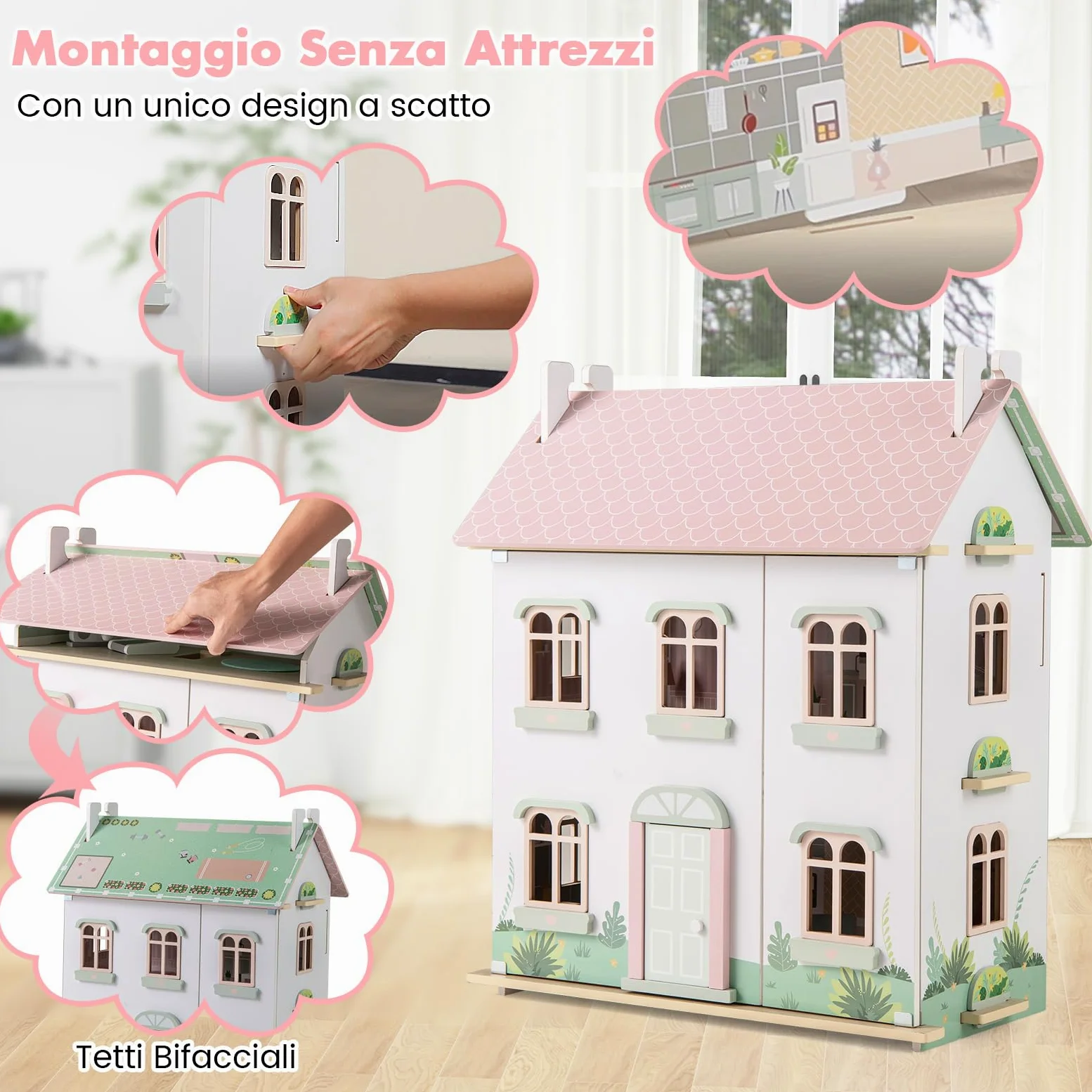 COSTWAY Casa delle Bambole in Legno, Casetta delle Bambole a 3 Piani con Tetti Rimovibili, Porte Apribili, Finestre Squisite 5 Stanze e 19 Accessori, Regalo per Bambini 3+ Anni