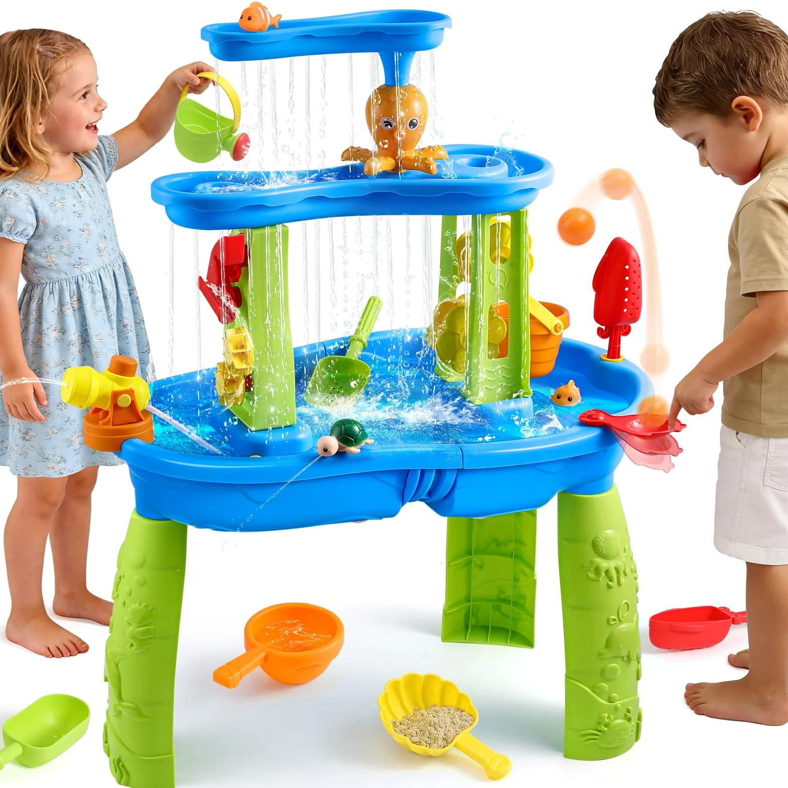 FRUSE Tavolo d'Acqua per Bambini a 3 Livelli per Bambini 3 4 5 6 Anni | Giochi Acqua, Attività Sensoriali, Facile da Montare e Pulire, Tavolo Acquatico, per Spiaggia, Giardino, da Interno e Esterno