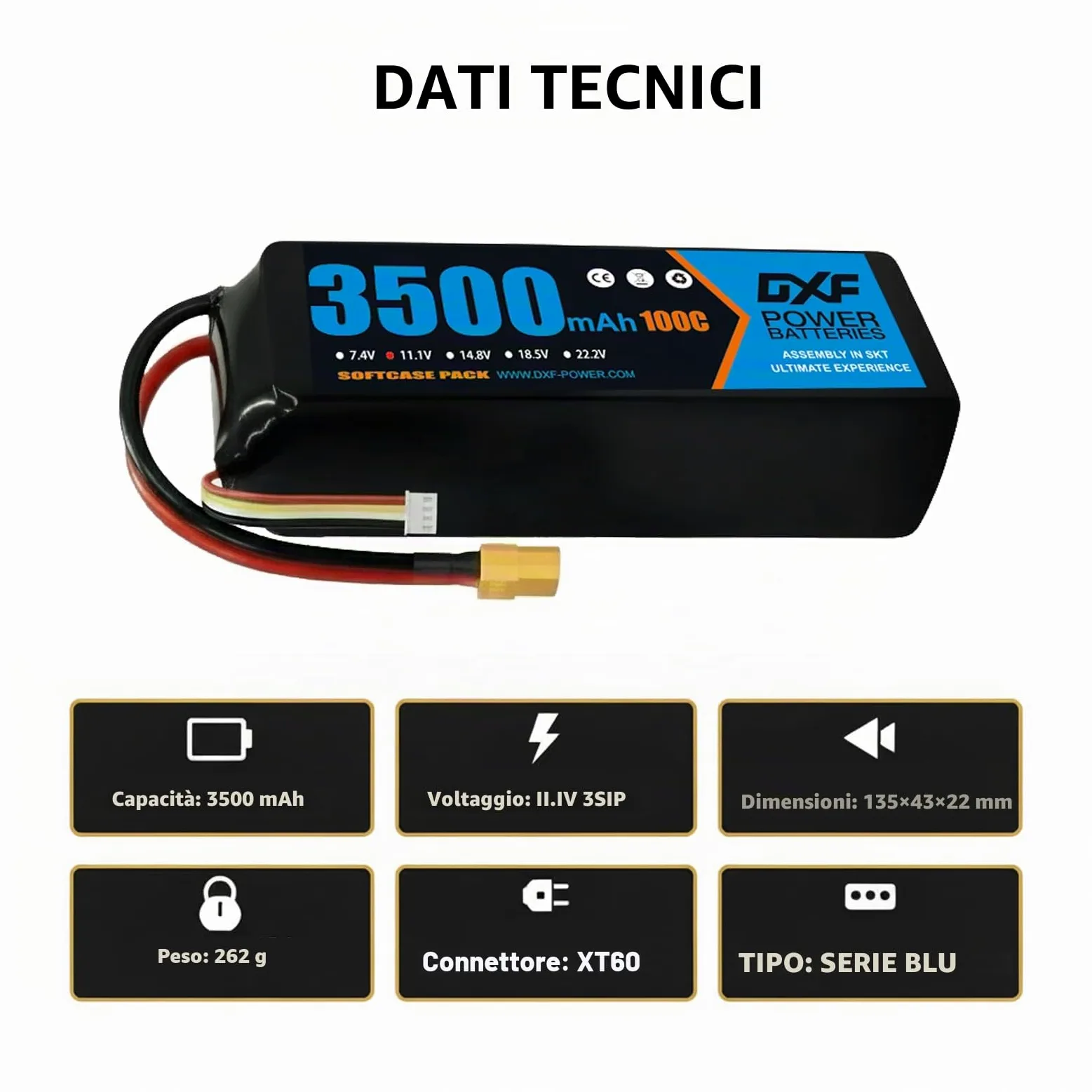 DXF Batteria LiPo 3S 11.1V 3500mAh 100C Spina XT60 Auto RC 1/8 1/10 Truck Buggy Monster Jam Compatta Leggera Potente Gare Racing Modellismo 2 Pezzi