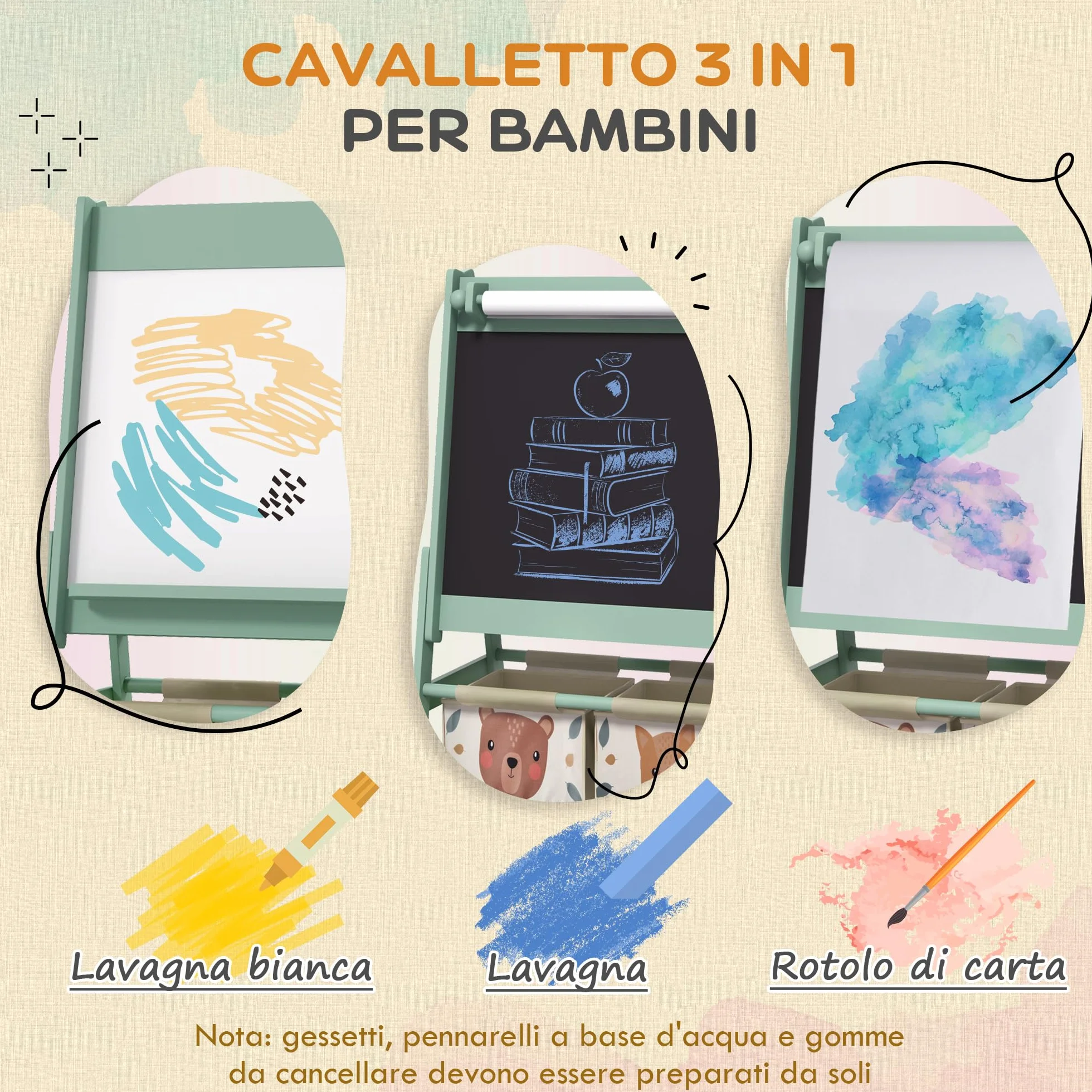 AIYAPLAY Lavagna per Bambini Cancellabile a Doppia Facciate con Rotolo di Carta e 2 Contenitori, Lavagna Bianco, Nero, Verde, Cavalletto Artistico in Legno 3-8 Anni