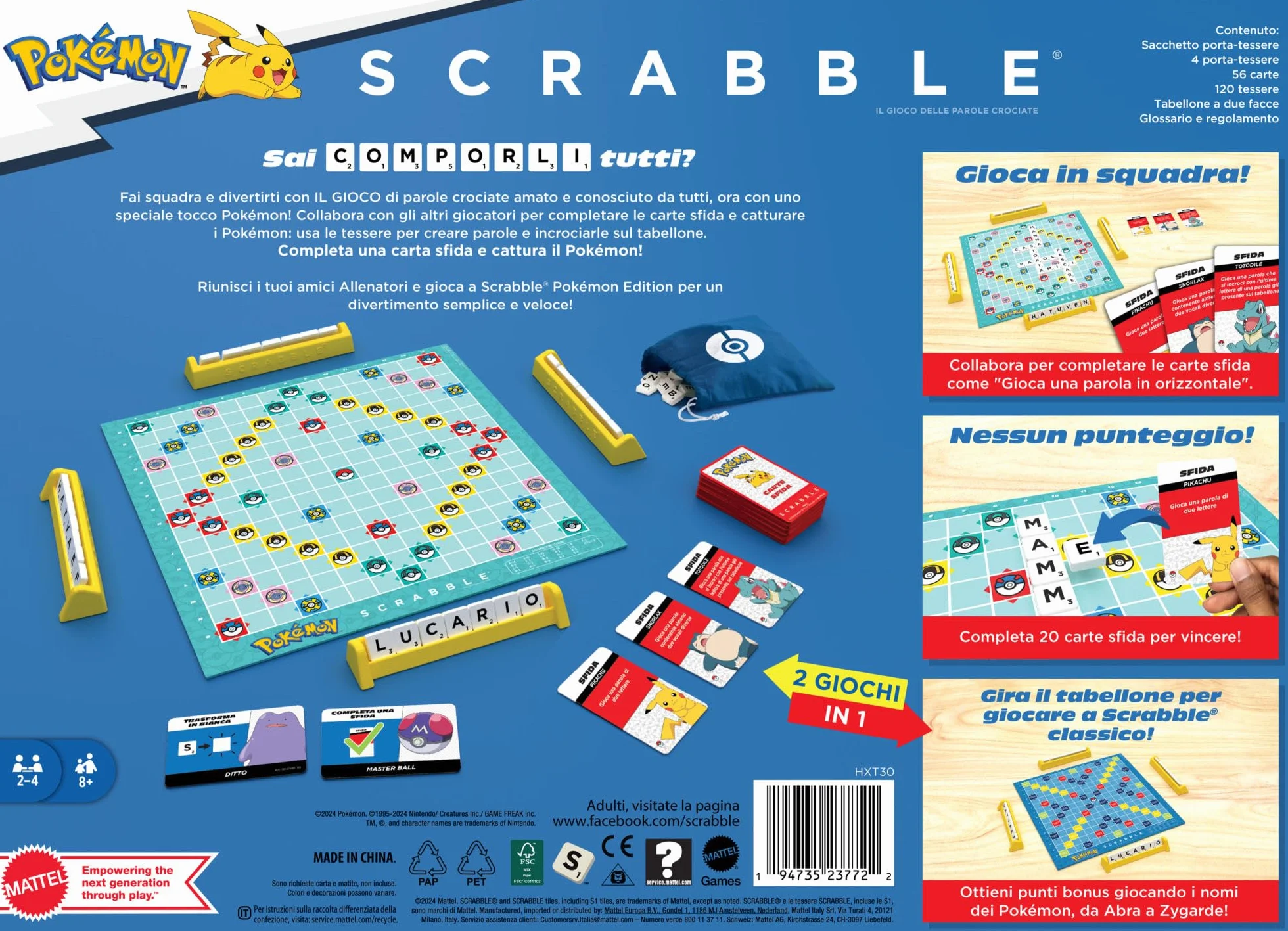 Mattel Games - Scrabble Pokémon, il gioco da tavolo delle parole crociate con 50 sfide dei personaggi Pokémon, tabellone a due facce con due modalità di gioco, versione italiana, 8+ anni, HXT30