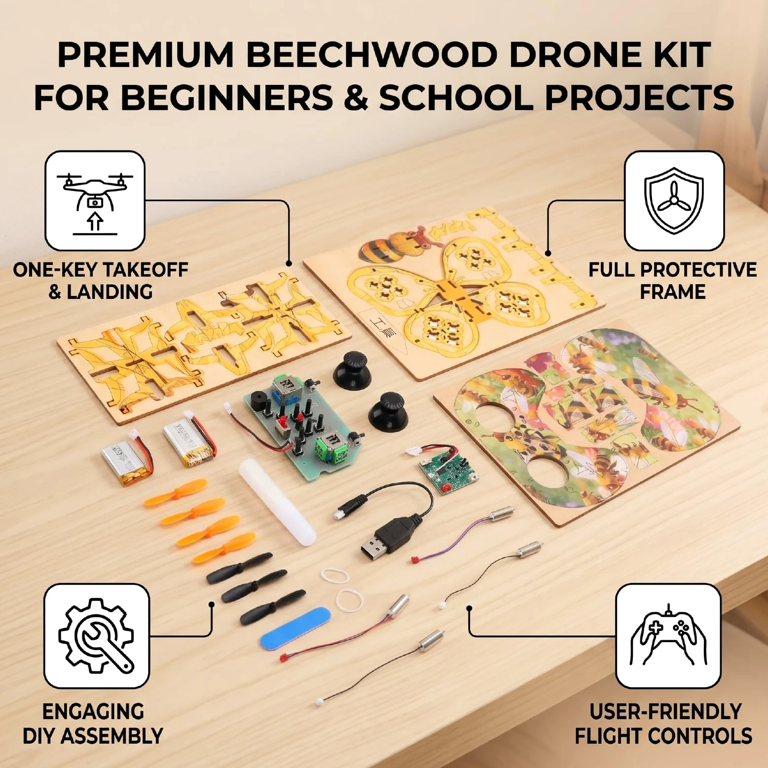 Sxhlseller Kit Drone RC in Legno Giocattolo di Assemblaggio Fai-da-te |Quadricottero in Legno di Faggio con modalità Senza Testa e Telaio Protettivo, Velivolo a 3 velocità da 500 MAh per