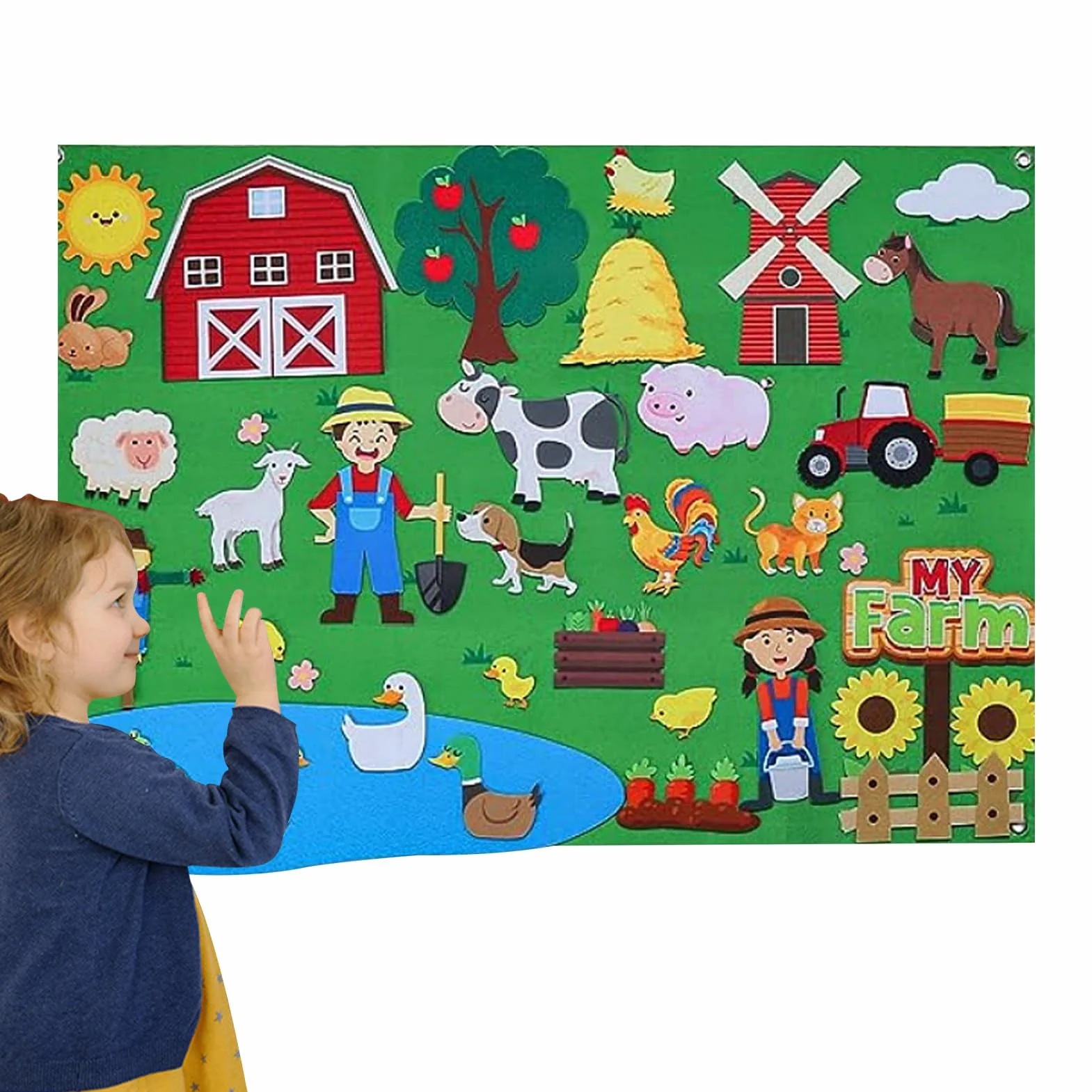 Tavola in feltro per bambini - Set di storie in feltro di flanella fai da te,Set di tabelloni multifunzionali in sfocato con animali da fattoria, attività educative da parete per bambini in età