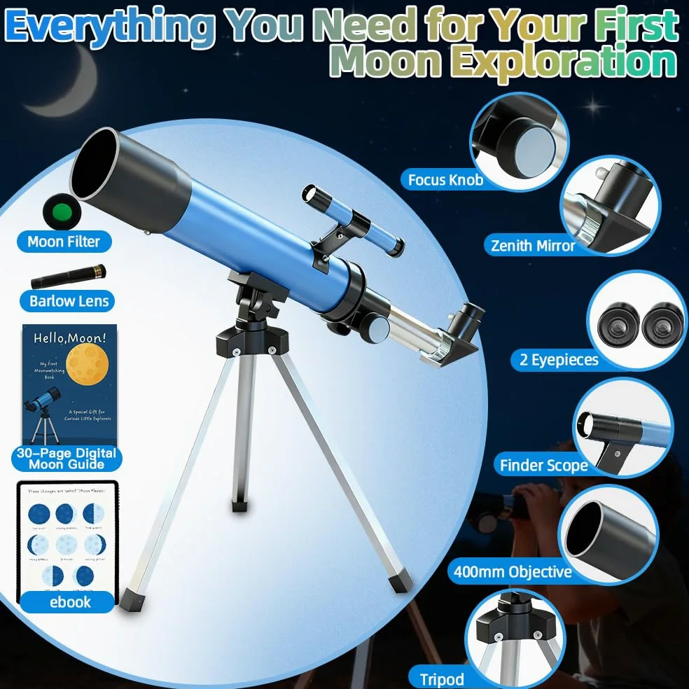 Telescopio astronomico per bambini dagli 8 ai 12 anni con treppiede, telescopio per principianti, apertura 50 mm, regalo educativo per osservare gli uccelli lunari, per ragazzi e ragazze dai 6