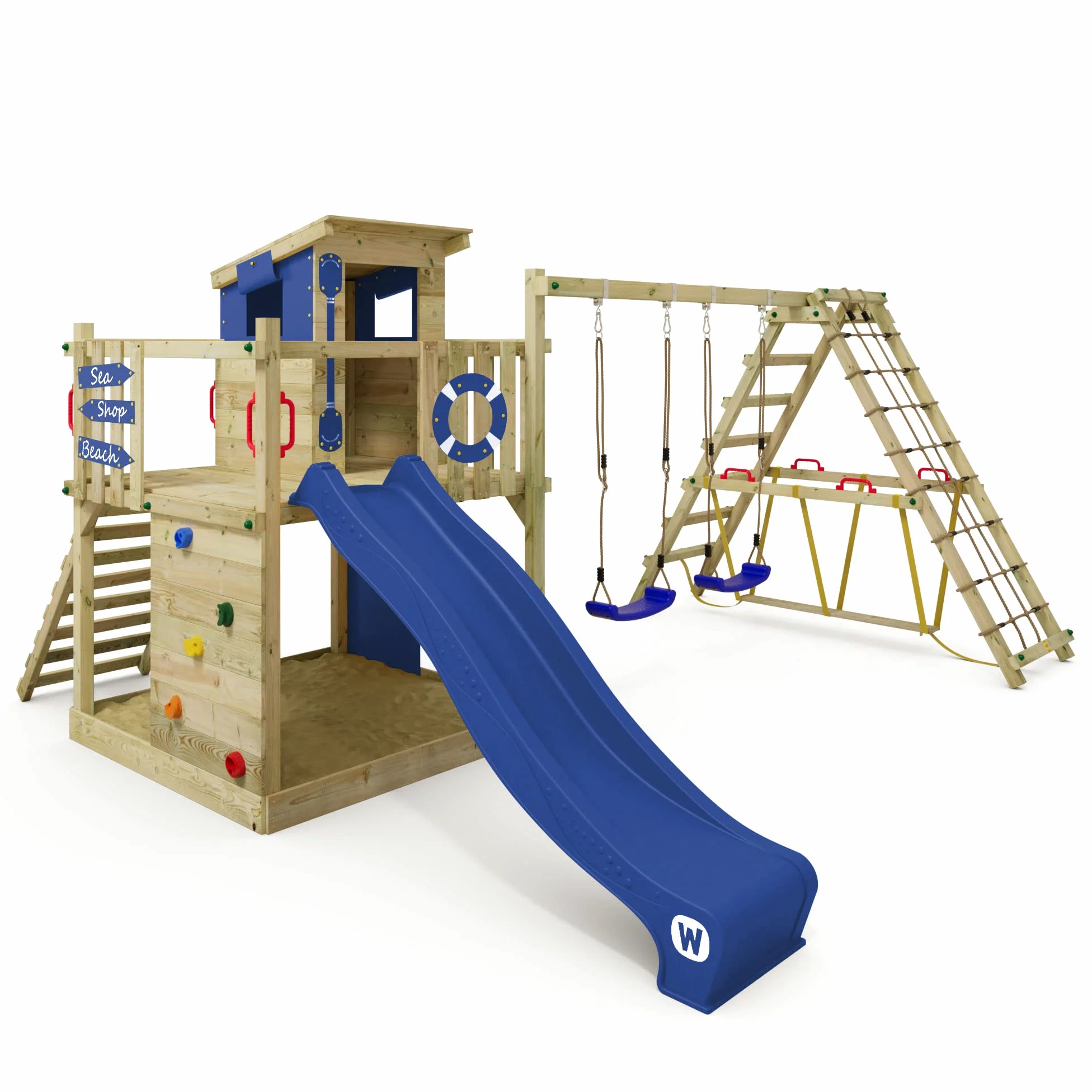 Gioco da giardino WICKEY Smart Surf con altalena e scivolo blu, struttura da esterno per bambini con sabbiera, scaletta e accessori da gioco