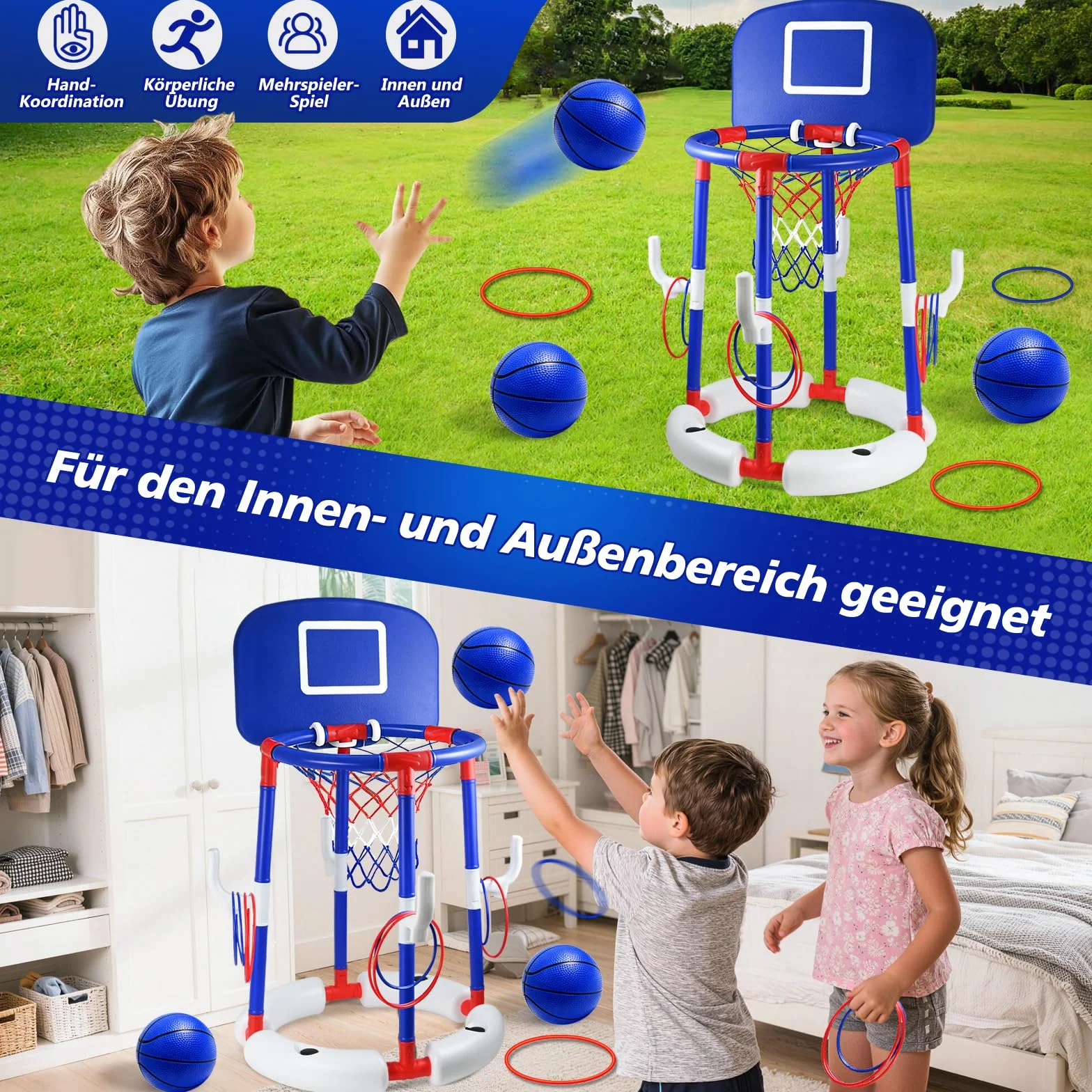 Joellfuner Canestro da Basket per Piscina, Canestro Piscina Galleggiante, Set da Canestro Basket Piscina, con 6 Palloni e Pompa, Gioco Acqua Cerchi da Lancio, Giochi Piscina per Bambini Adulti (Blu)