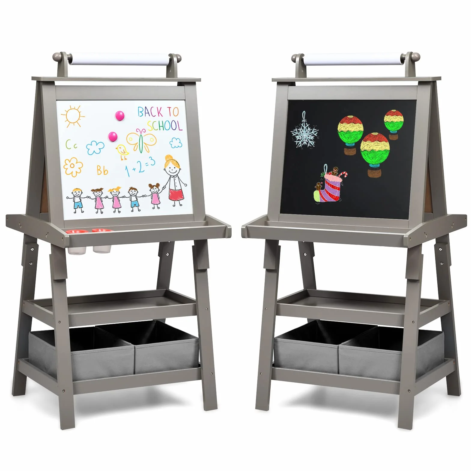 Lavagna per Bambini 3 IN 1 RELAX4LIFE, Cavalletto Pittura a Doppia Faccia Magnetica con Rotolo di Carta, Giocattolo Educativo 3+ Anni, Grigio