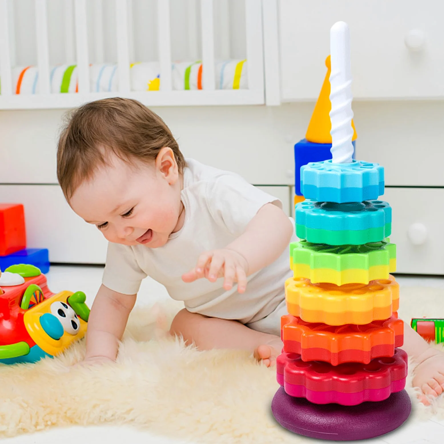 Torre di impilamento rotante – per | Lancer Anelli | Educativo | Bastone e 7 Anelli Inclusi | Giocattolo Sviluppo Motricità | Apprendimento Colori Forme