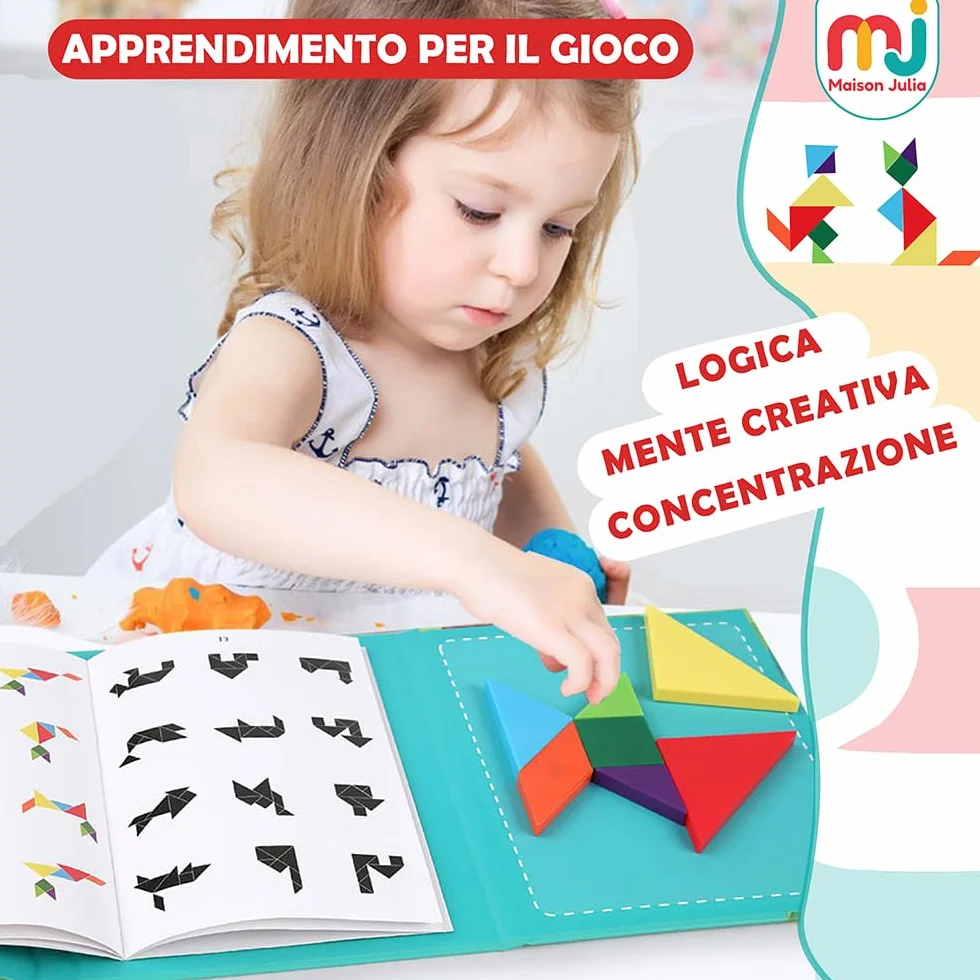 Tangram Bambini Magnetico - Gioco Educativo Montessori da 3 Anni - Puzzle Smart da Viaggio - Attività Calma Treno Aeroplano e Auto - Rompicapo - Regalo Natale Compleanno