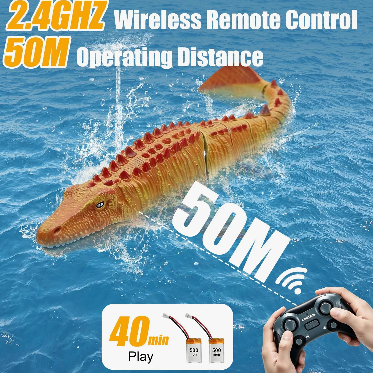 Telecomando Mosasaurus RC Barca, 2,4 GHz Radiocomandata Squali Barca | Piscine e Laghi Giocattolo Elettrico a Forma Dinosauro, Spruzzare Acqua, 2 Batterie, Regalo per Ragazzi e Ragazze (Giallo)