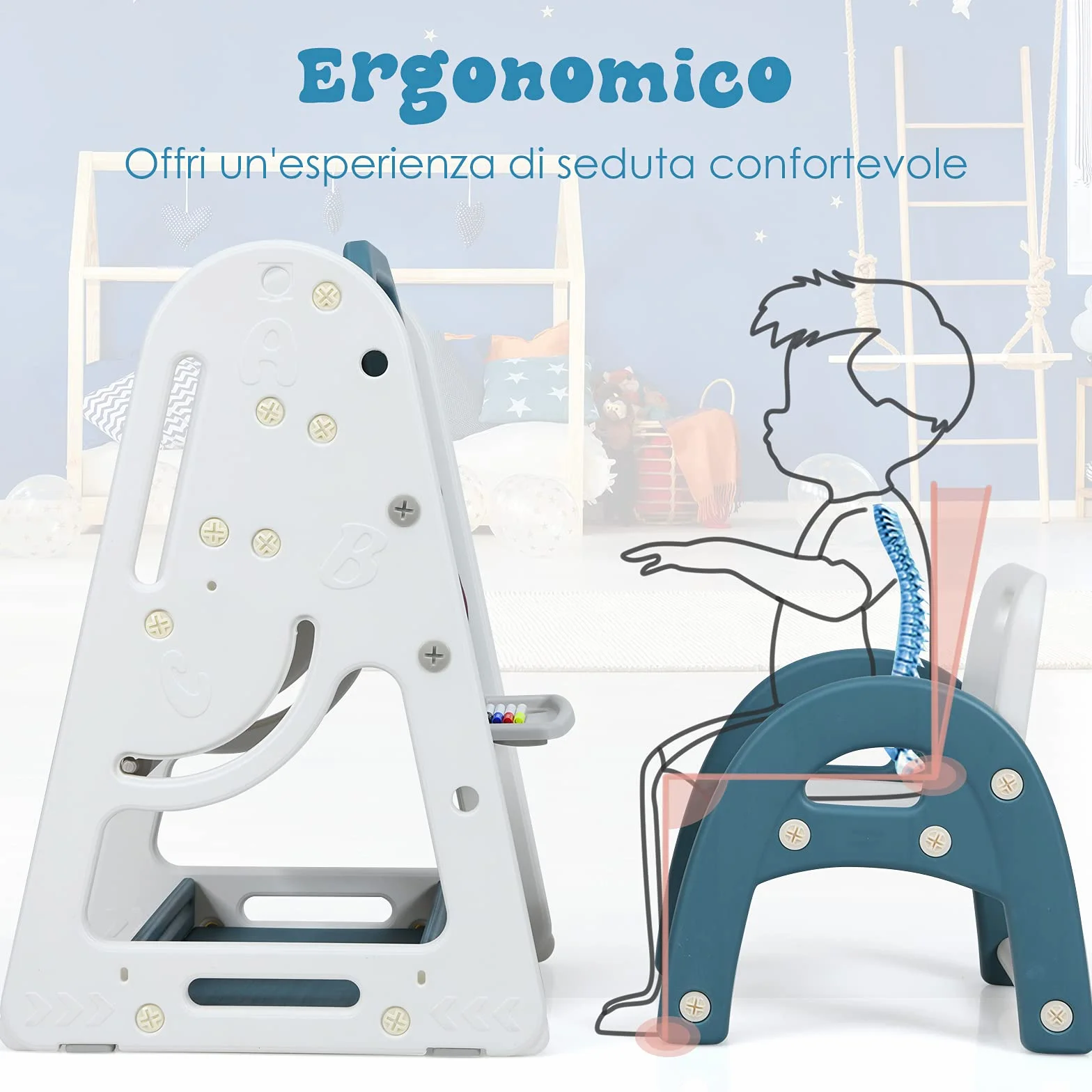 COSTWAY Lavagna Magnetica Bifacciale per Bambini, Altezza Regolabile, con Sedia e Accessori (Blu)