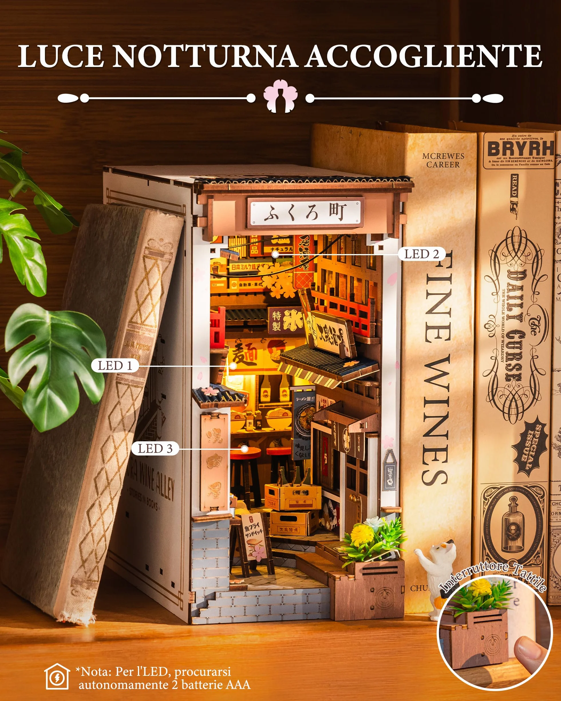Rolife Book Nook Kit Miniature da Costruire DIY Booknook Sakura Wine Alley 3d Puzzle Legno con Luci Decorazione Libreria Casa Modellismo da Costruire Adulti Diorama Modellismo