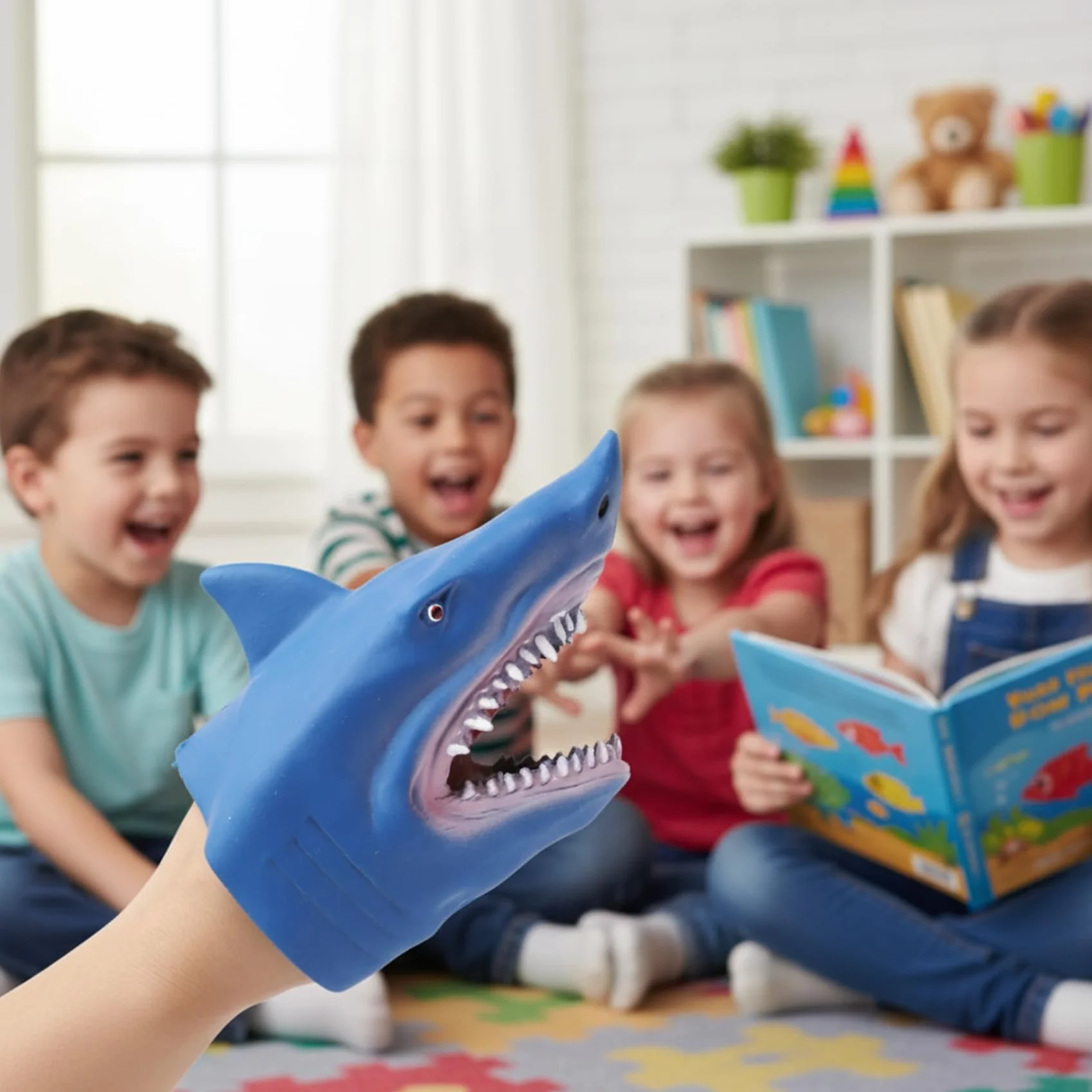 Marionetta a mano con squalo, confezione da 2 burattini realistici a forma di squalo in gomma morbida per giochi di ruolo per bambini, giocattoli interattivi con burattini mano per narrazione di st