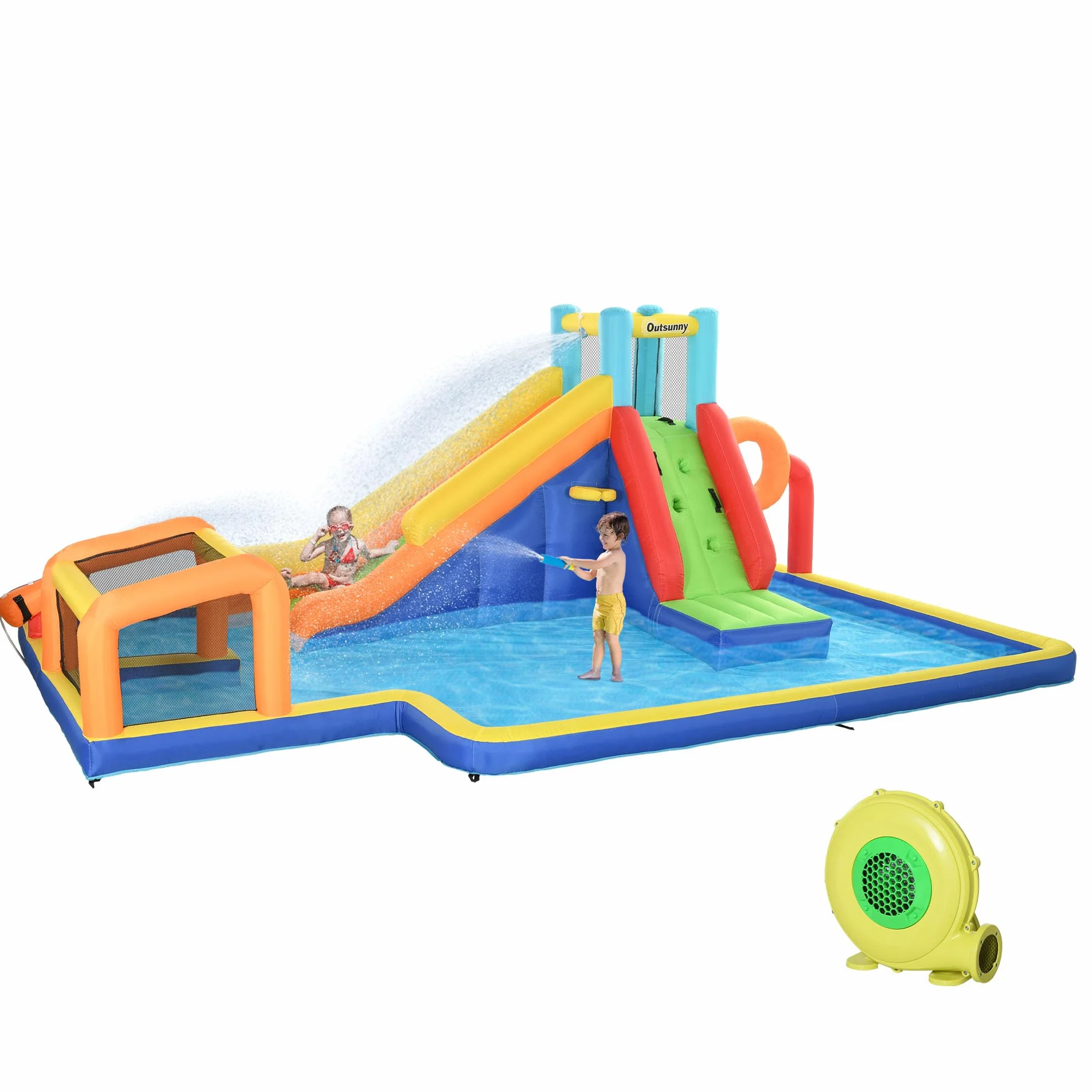 Outsunny Castello Gonfiabile per Bambini 3-8 Anni con Scivolo, Parete da Arrampicata, Porta da Calcio e Canestro, Gioco Gonfiabile in Tessuto Oxford, 590x460x220 cm, Multicolore