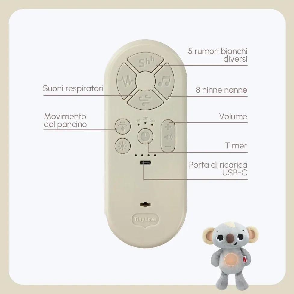 Tiny Love Koala Peluche Che Respira, Peluche Neonato, 0+ Mesi, Giocattolo con Movimento Calmante, Musica, Rumori Bianchi e Luci, Lavabile in Lavatrice, Ricarica USB-C, Collezione Boho Chic