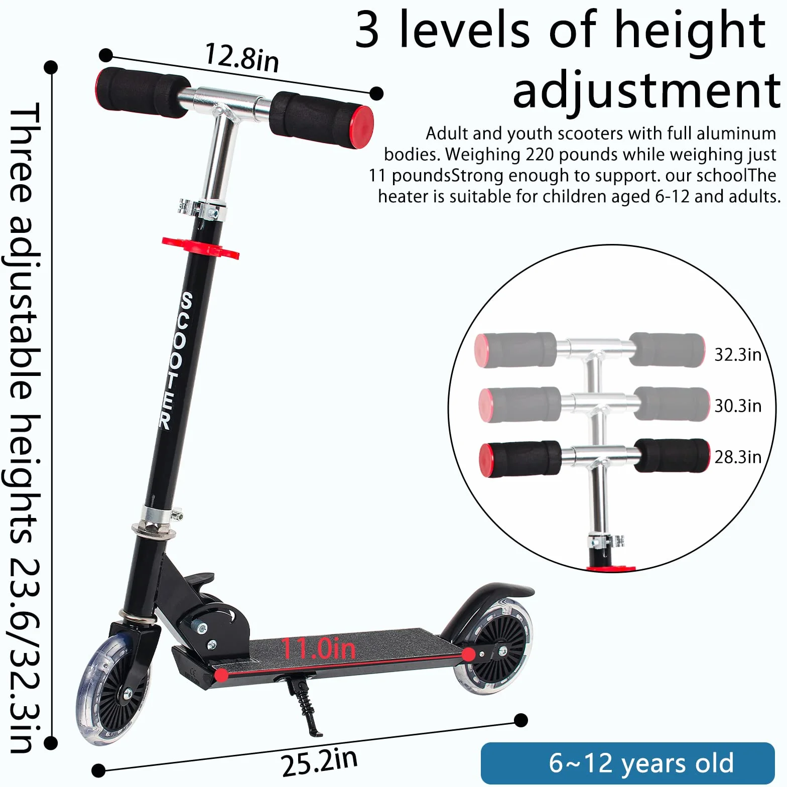 AKOZLIN Monopattino pieghevole per bambini, 3 altezze regolabili, ruote luminose, telaio in lega di alluminio, carico max 50 kg, nero