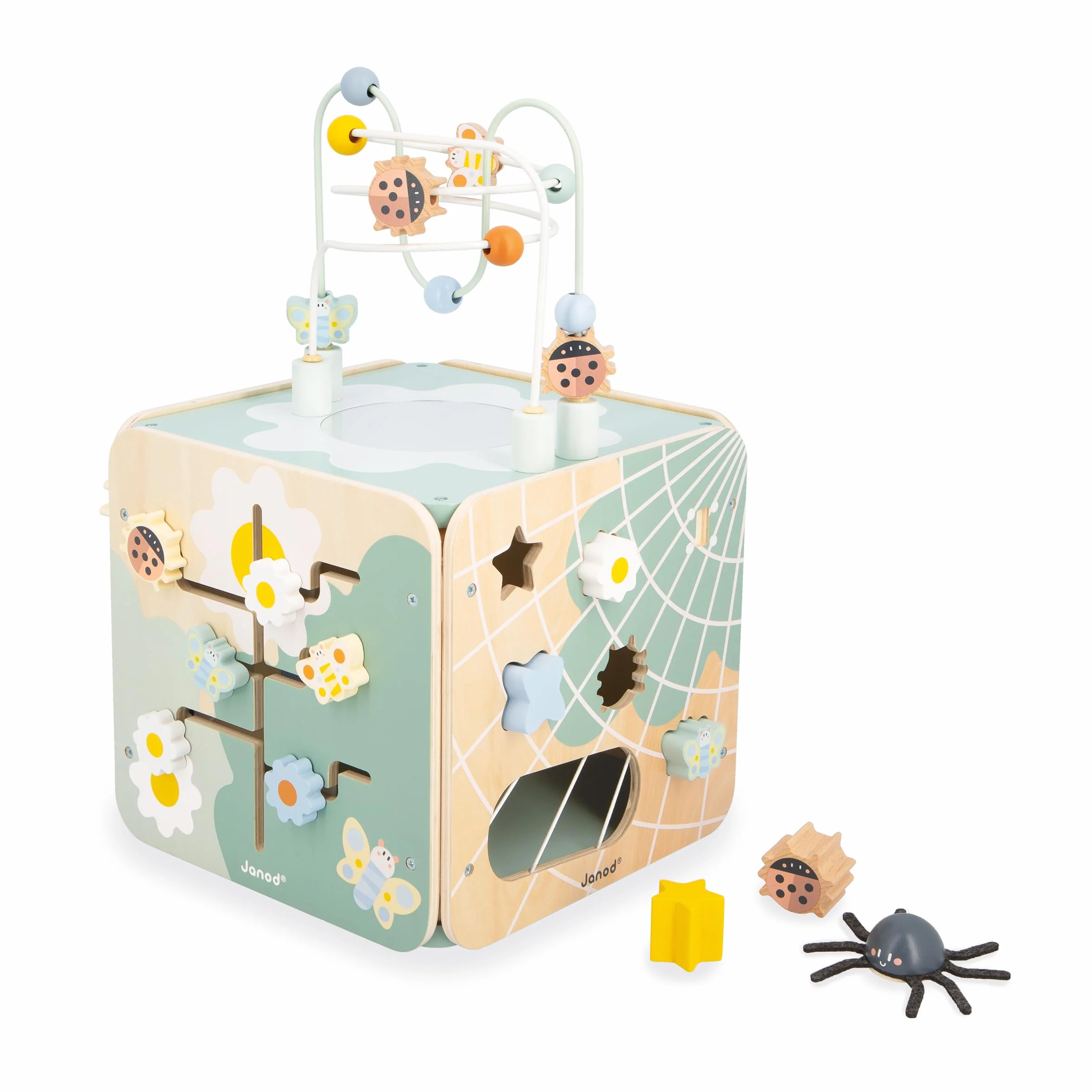Janod - Grande Cubo Multiattività Sweet Cocoon - 11 Attività per Bambini - Multisensoriale - Sviluppa le Abilità Fino-Motorie - Giocattolo in Legno FSC - Dai 18 Mesi, J04060