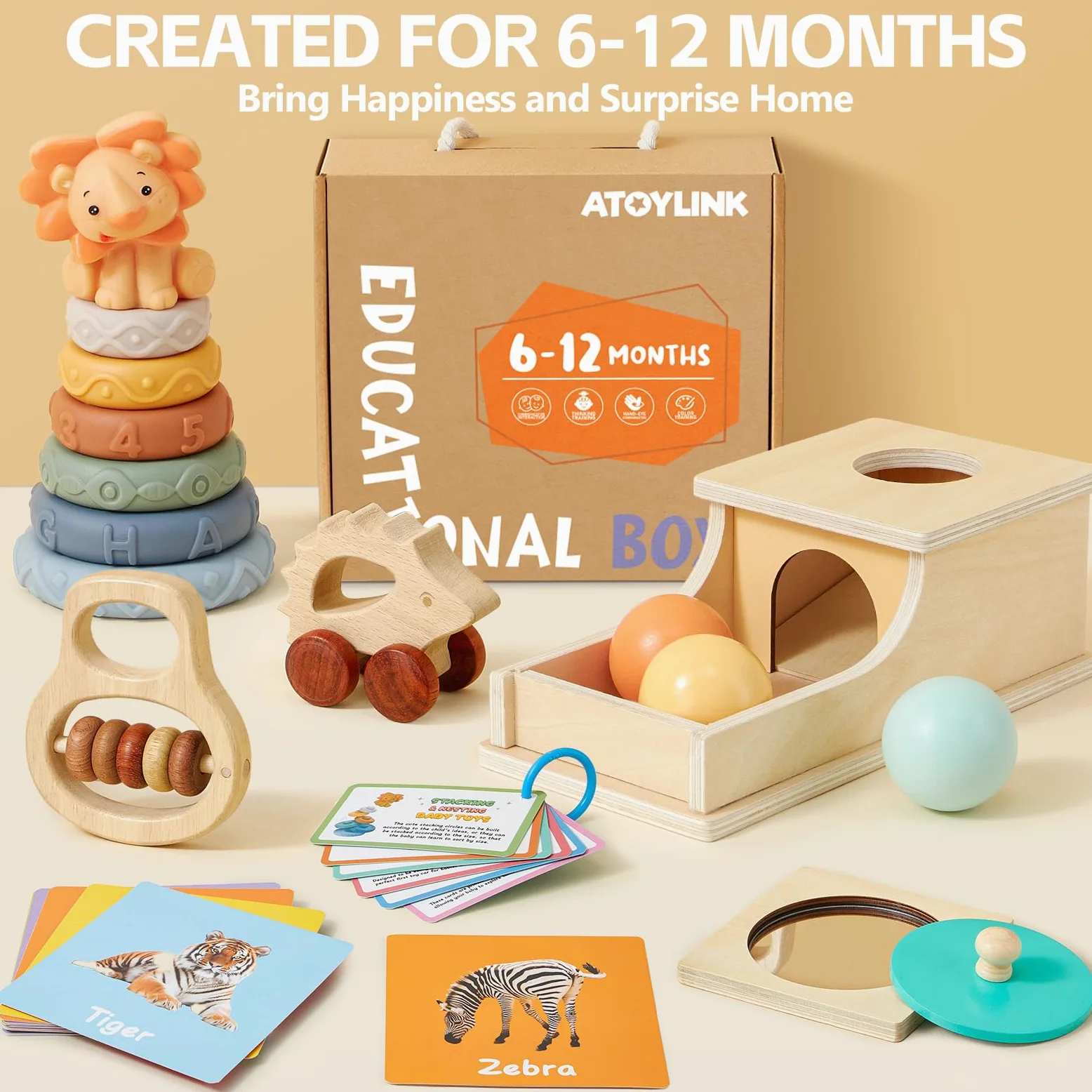 Atoylink Giochi Neonato 6 9 12 Mesi Giochi Legno Montessori con Object Permanence Box & Cubi Impilabili Bambini & Sonaglio Neonato & Flashcards, Giocattoli Giochi Sensoriali per Neonati