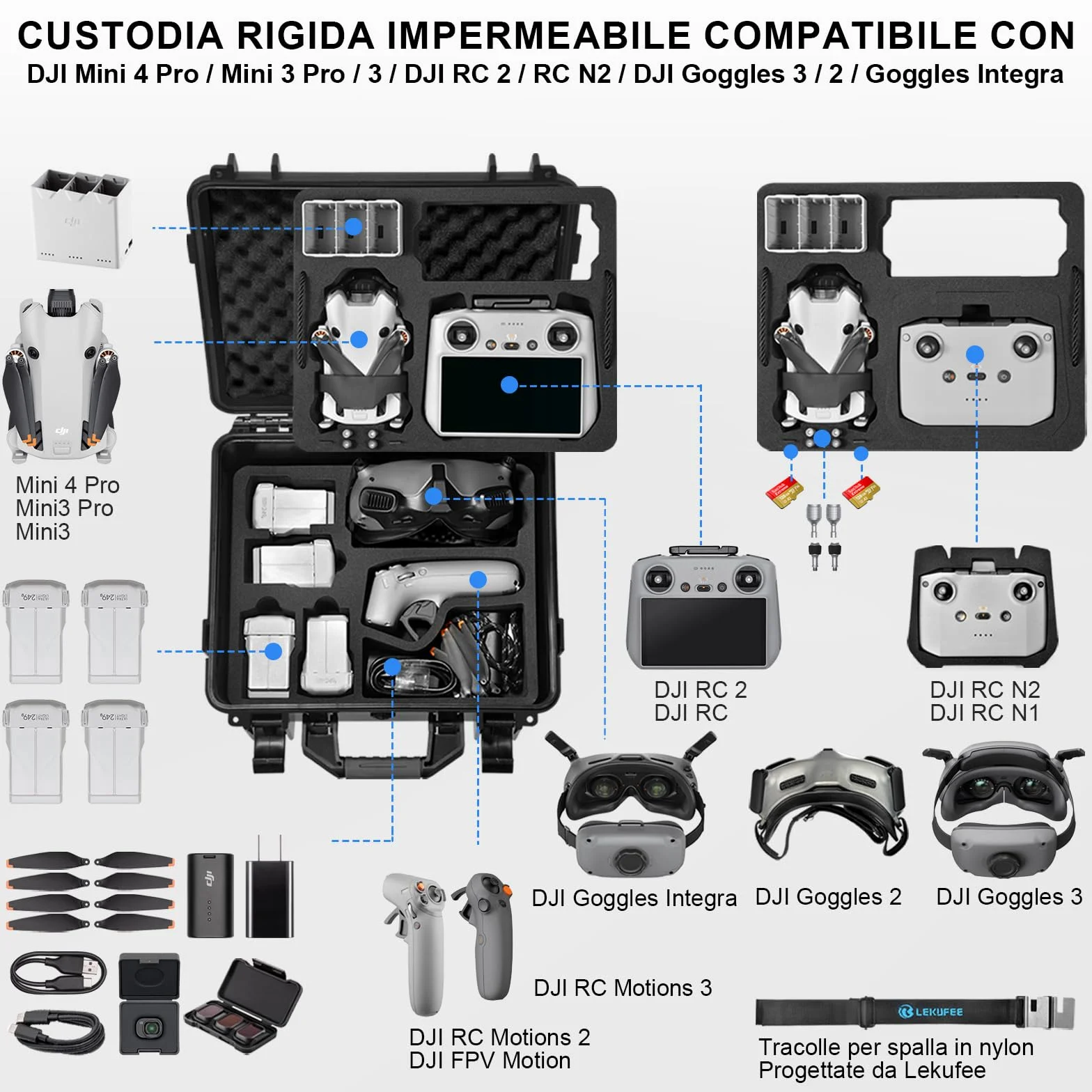 Lekufee Custodia Rigida Impermeabile per DJI Mini 4 Pro/3 Pro/Mini 3 Drone,DJI RC 2/N2/N1,Goggles 3(Non per Goggles N3)/2/Integra, RC Motion 2 e Accessori (Solo Valigia)