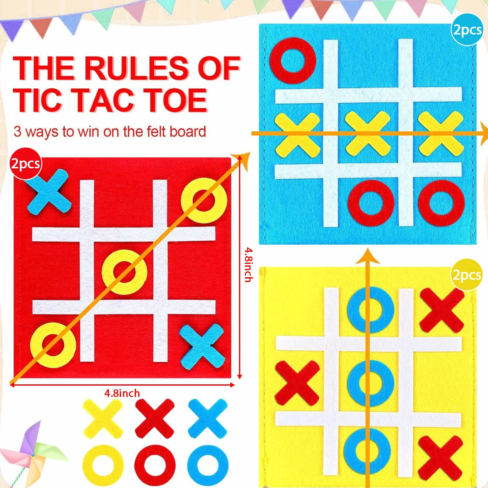 6 Pezzi Giochi Tris in Feltro 12x12 cm, Set Tic Tac Toe Portatile per Bambini, Gioco da Viaggio per Feste Compleanno Scuola (Rosso, Giallo, Blu)