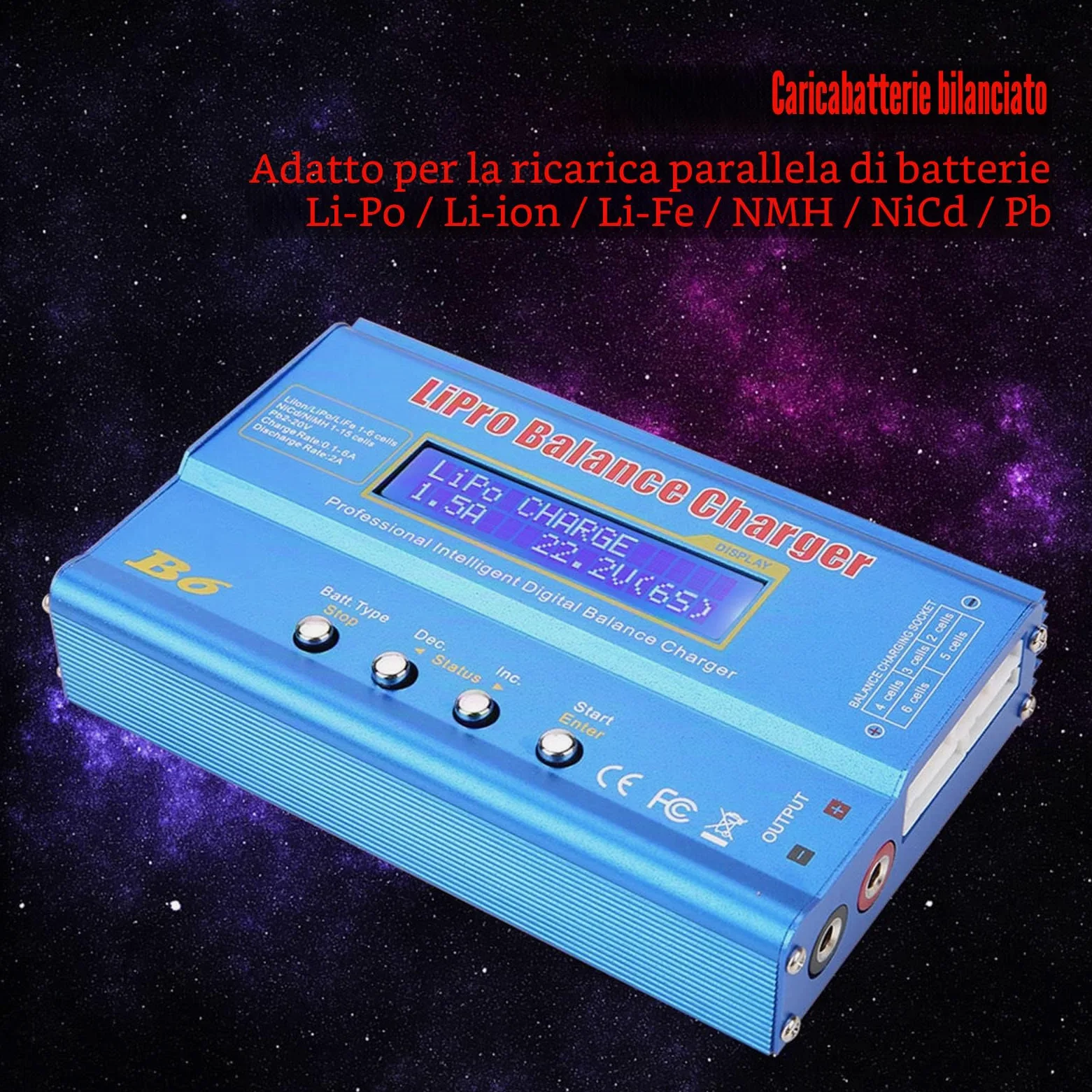Caricabatterie Digitale 80W per Batterie LiPo NiMH con Display LCD Bilanciamento Scaricatore Spina EU 133x87x33mm