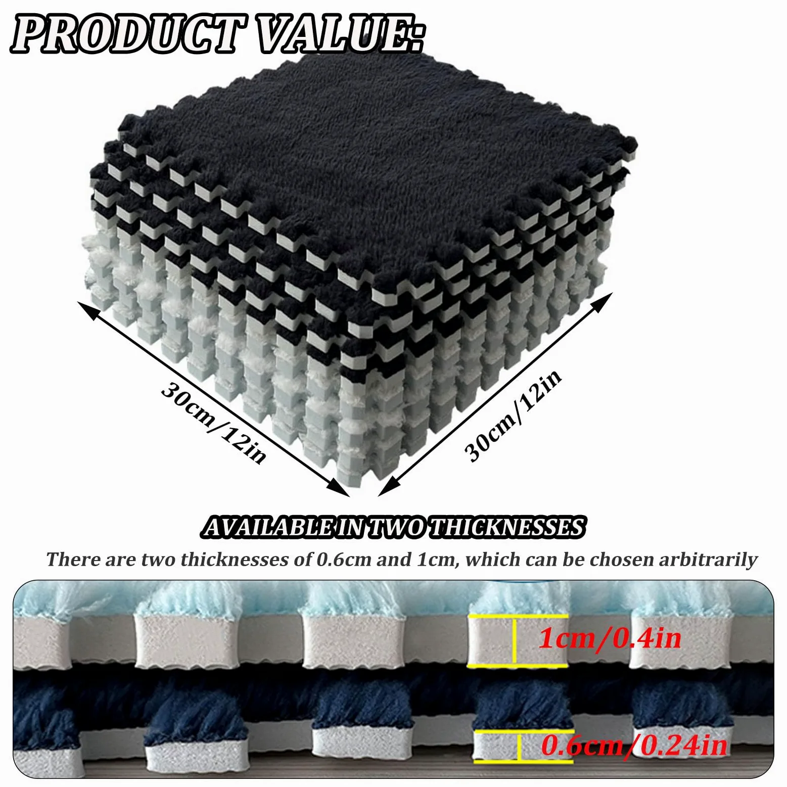 Tappeto in Schiuma di Peluche Splice Interlocking Carpet, 16 Pezzi Tappetino Interlocking, Tappetino in Schiuma Interlocking, Tappetino in Schiuma a Puzzle Quadrato,Dark Gray+Light Blue
