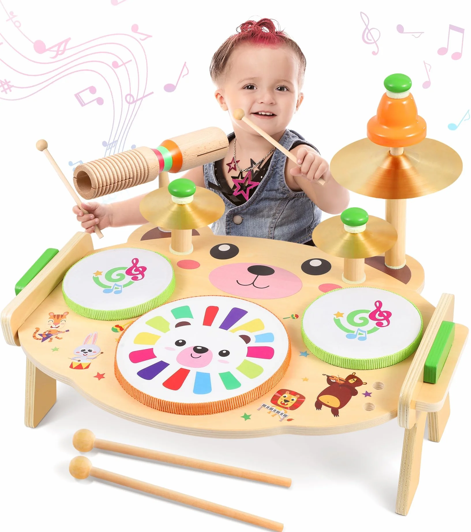 Subtail Kit batteria per bambini, giocattoli musicali per bambini e bambine di 3 e 4 anni, strumenti musicali per bambini dai 36 mesi in su, giocattoli in legno, set di tamburi per bambini, giocattoli