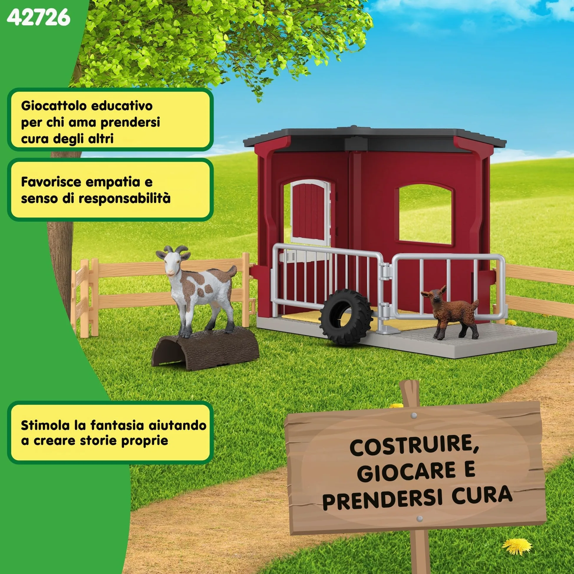 Schleich Farm World | Stalla delle capre 42726 | dai 3 Anni | 31 Pezzi | Set con stalla, capra, capretto, recinto & accessori | Figure di animali realistiche | Idea regalo bambini | Giocattolo fatto