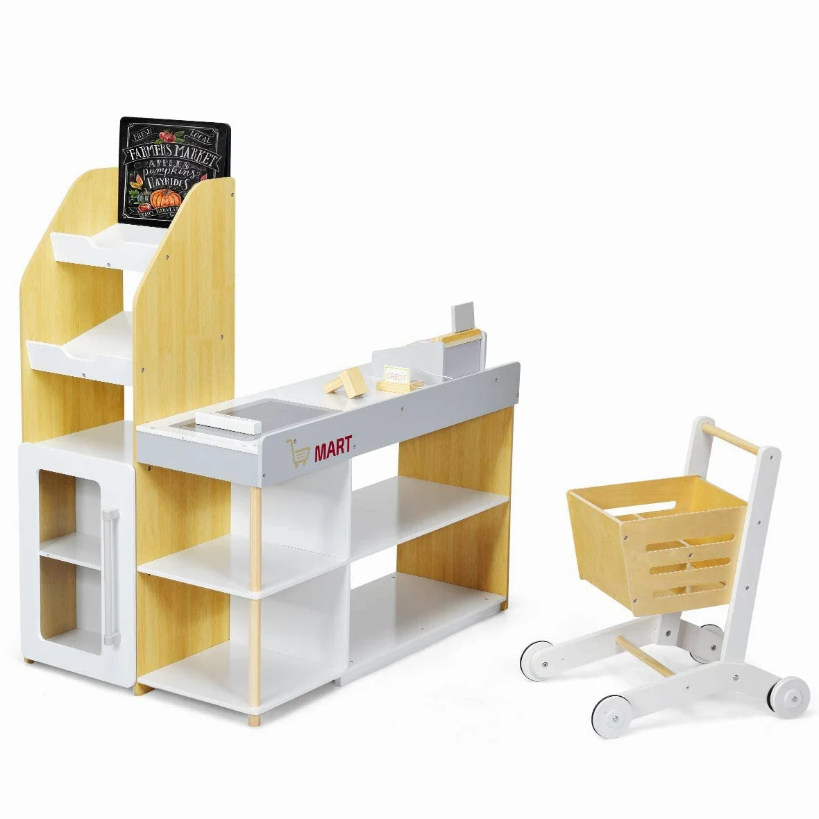 GYMAX Negozio Giocattolo per Bambini, Bancarella Mercato Giocattolo in Legno, con Carrello della Spesa, Supermercato Giocattolo Scanner, Pos, Carta di Credito e Monete di Legno, 90 x 62 x 111 cm