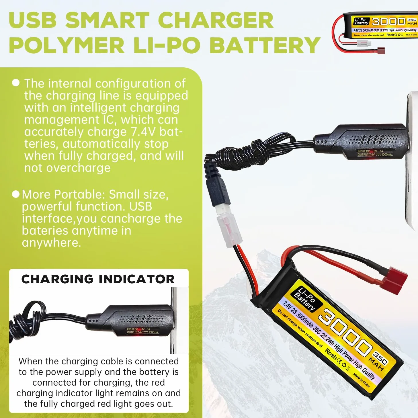 2PCS 7.4V 3000mAh 2S Lipo batteria 35C T-plug con cavo di ricarica USB per RC Auto Camion RC Barca RC Quadcopter FPV Drone Batteria