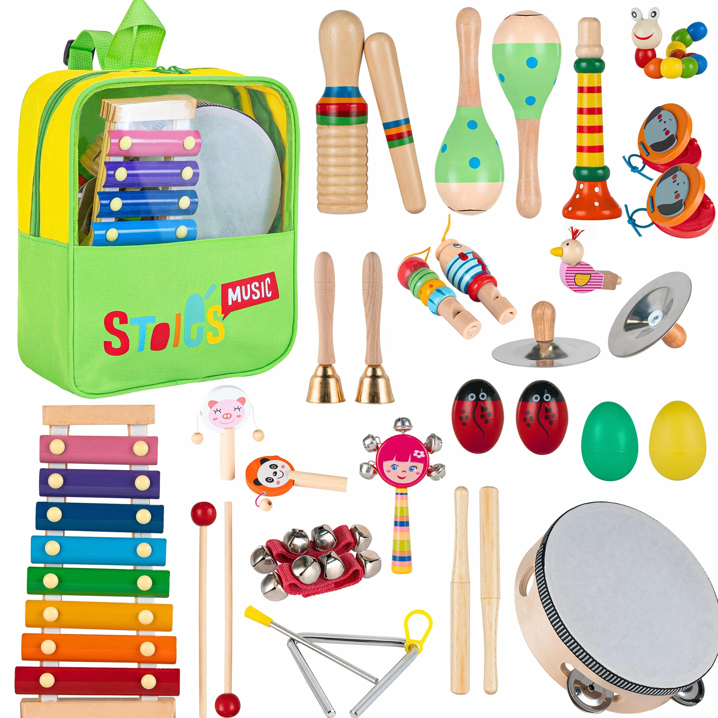 Stoie’s Strumenti Musicali per Bambini – 34 Strumenti a Percussione in Legno, con Xilofono, Tamburello, Maracas, Giocattoli Musicali Montessori per Bambini 3-5 Anni