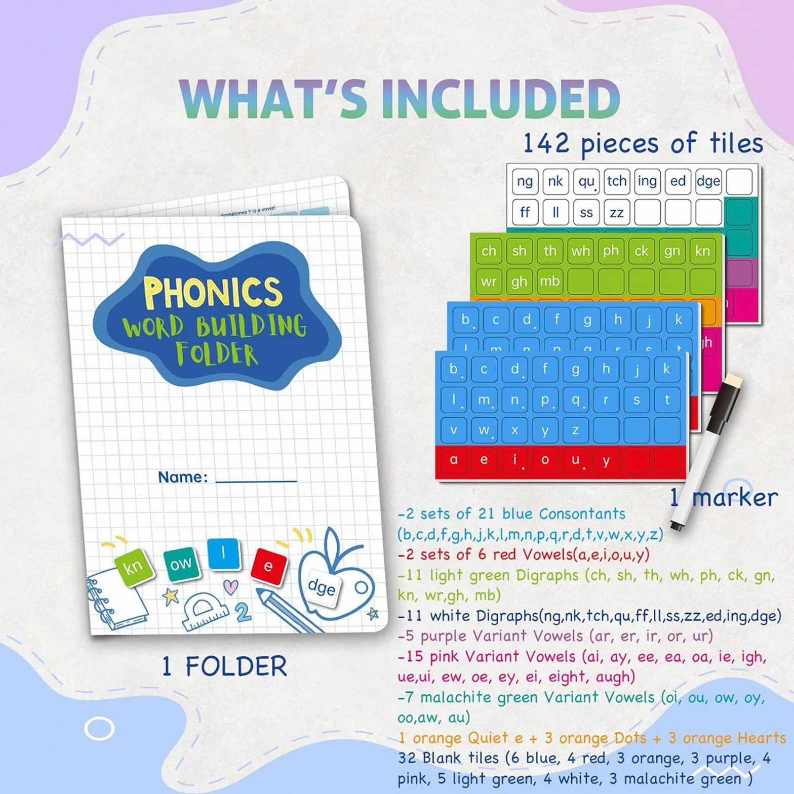 Kit di carte fonetiche magnetiche con 142 magneti e penna, tessere magnetiche per lettere fonetiche, set di costruzione di parole per alfabeto e vista, per parole, digrammi e vocali (3pcs)