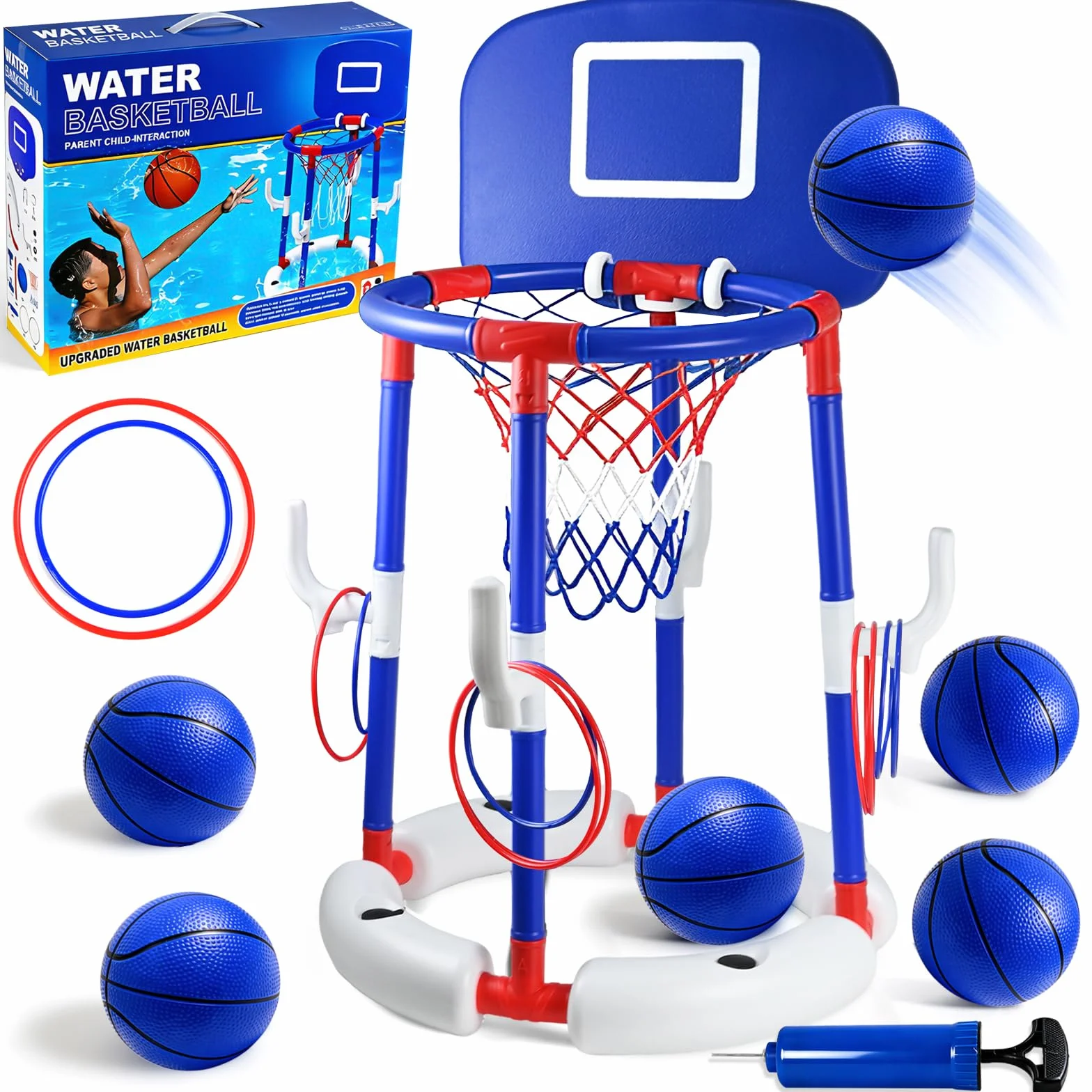 Joellfuner Canestro da Basket per Piscina, Canestro Piscina Galleggiante, Set da Canestro Basket Piscina, con 6 Palloni e Pompa, Gioco Acqua Cerchi da Lancio, Giochi Piscina per Bambini Adulti (Blu)