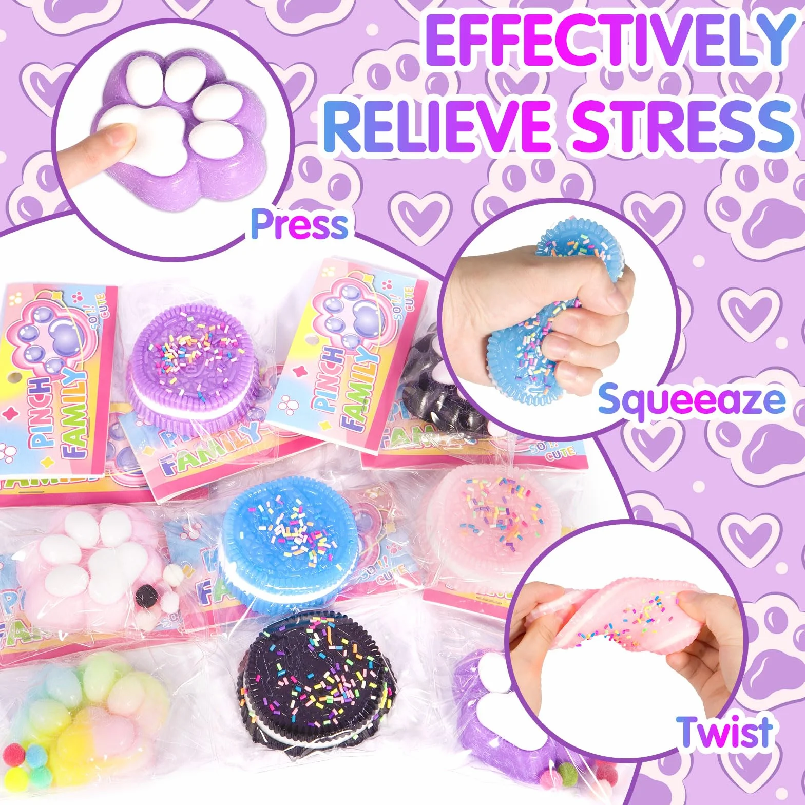 4 pezzi giocattolo per stringere zampa di gatto, 4 pezzi Squishy Oreo, Taba Squishy Kit, Squeeze Toys, Kawaii Squishys Giocattoli, Giocattoli antistress per bambini e adulti, Natale
