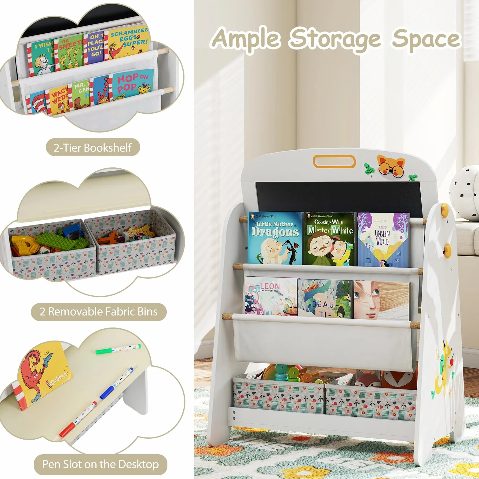 HOMASIS 4 in 1 Set di Tavolo Artistico per Bambini con Sedia, Scrivania, Lavagna Magnetica, Lavagna Nera e Scaffale, Cavalletto Regolabile in Angolo con Gomma e 5 Gessetti (Naturale)